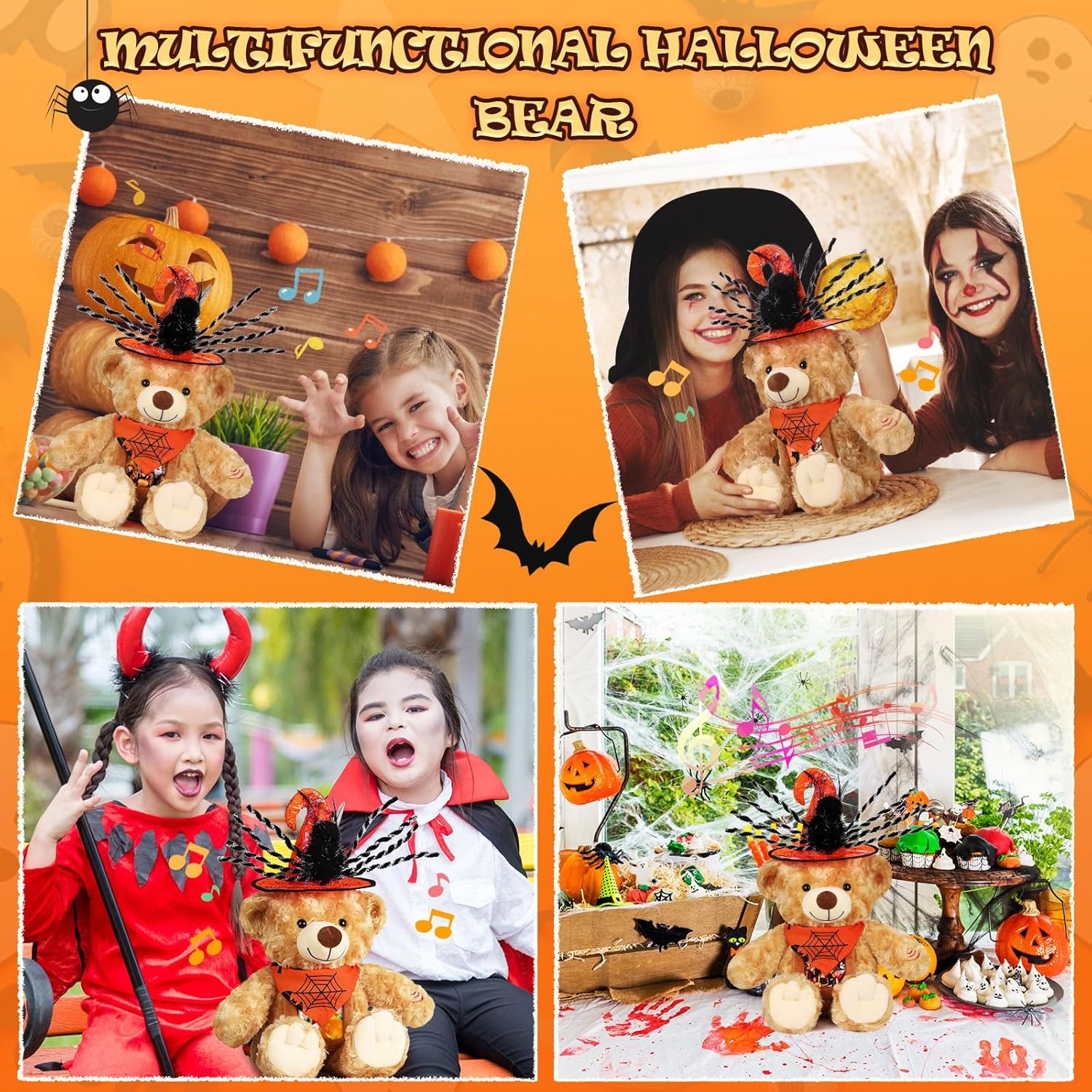 Juego de animales de peluche de oso de Halloween con grabadora de voz, lindo oso de Halloween de 12 pulgadas con sombrero de grabadora de voz y