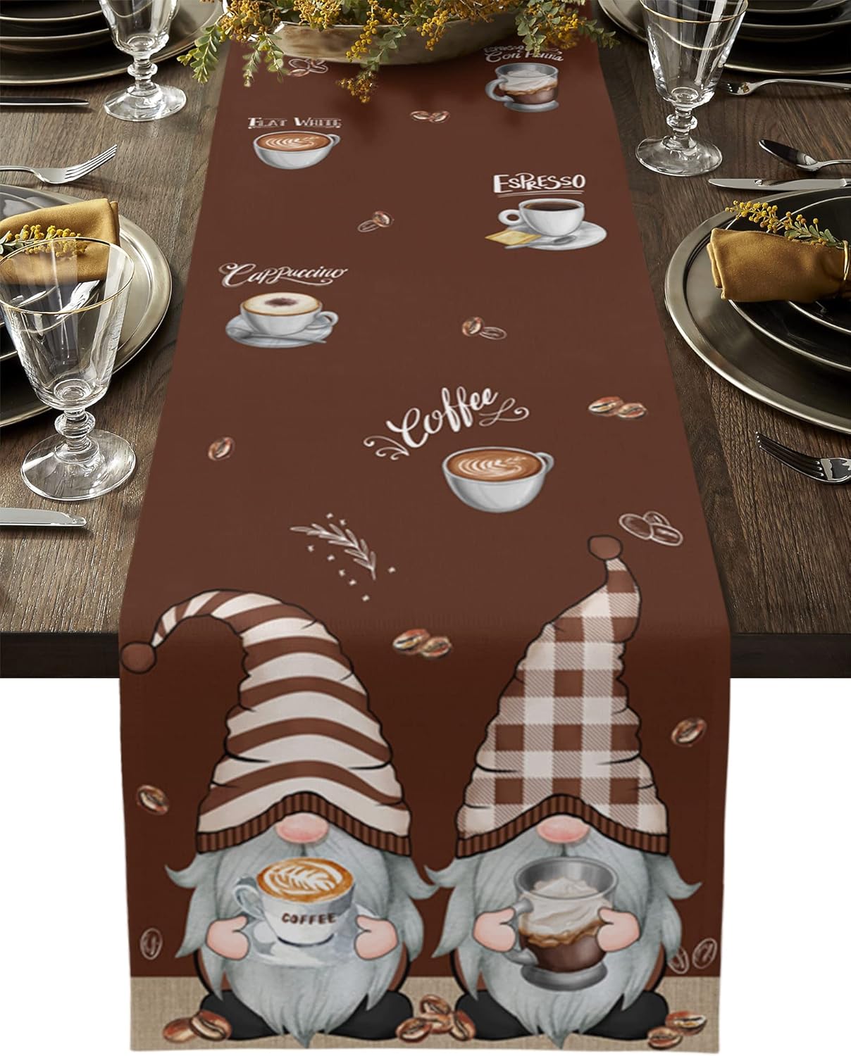 Coffee Time – Bufandas de mesa marrones, lindos gnomos de granos de café, lino y algodón, caminos de mesa para cocina, comedor, cafetería,