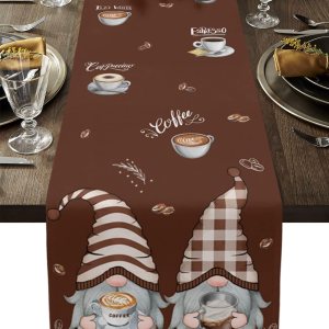 Coffee Time – Bufandas de mesa marrones, lindos gnomos de granos de café, lino y algodón, caminos de mesa para cocina, comedor, cafetería, Coffee Time – Bufandas de mesa marrones, lindos gnomos de granos de café, lino y algodón, caminos de mesa para cocina, comedor, cafetería,