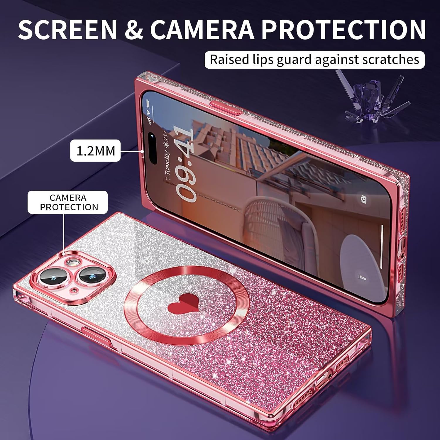 Funda magnética cuadrada para iPhone 15 Plus compatible con MagSafe protección completa de la lente, patrón de corazón lindo y cubierta brillante