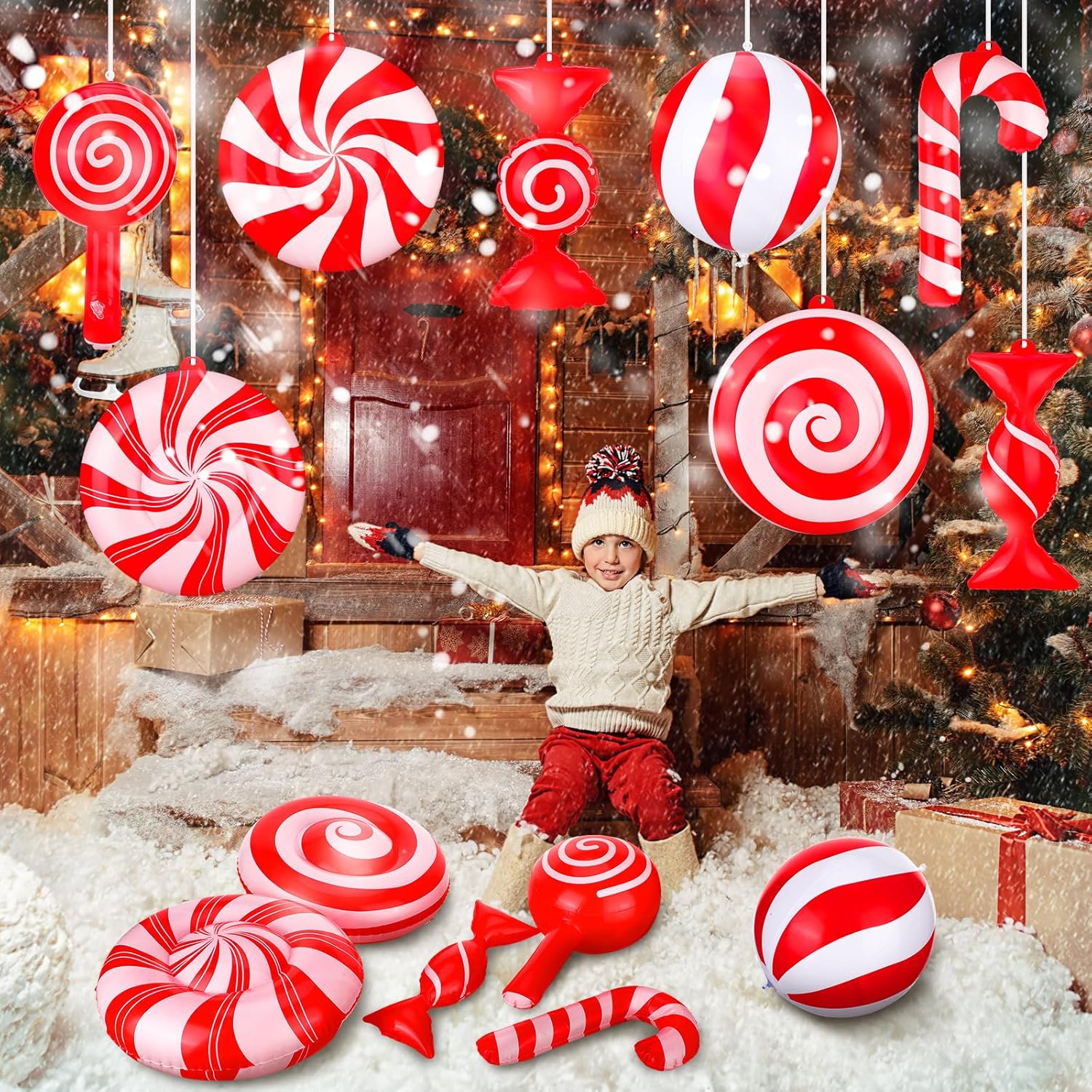 Jetec 16 piezas de dulces inflables de Navidad de 9 pulgadas, decoración colgante de caramelo de bastón de caramelo, remolino, adorno inflable de