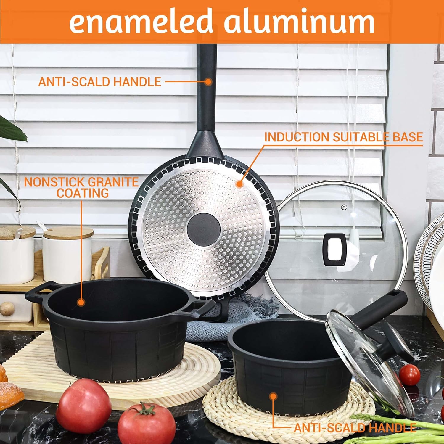 Wodillo Juego de utensilios de cocina, ollas y sartenes con utensilios, superficie de cocción antiadherente resistente a los arañazos compatible con