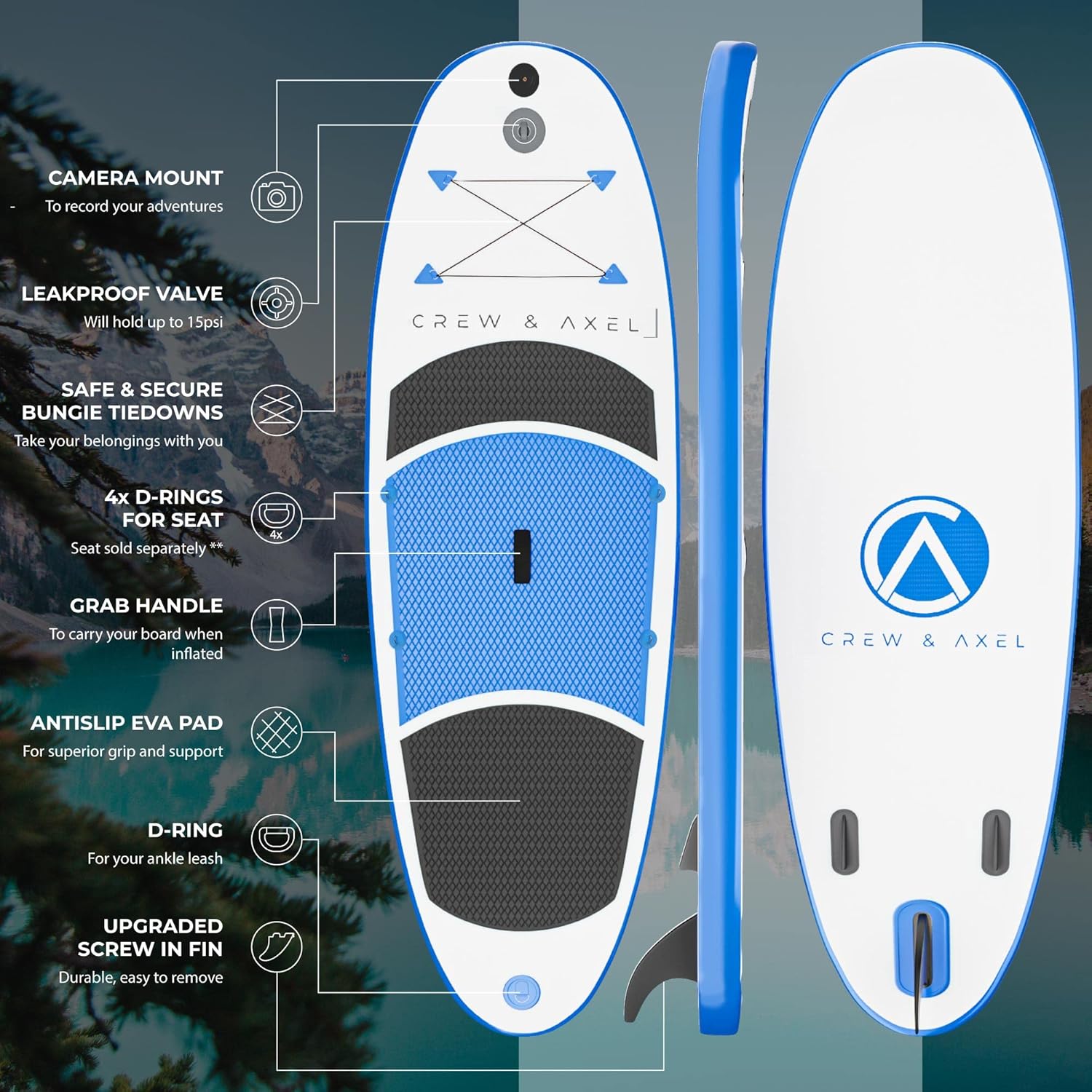 Tabla de remo inflable Crew Axel 2024 de 10 pies 33 pies 6 pulgadas, extra ancha y ligera (18 libras), juego de SUP premium incluye 2 bolsas, paleta