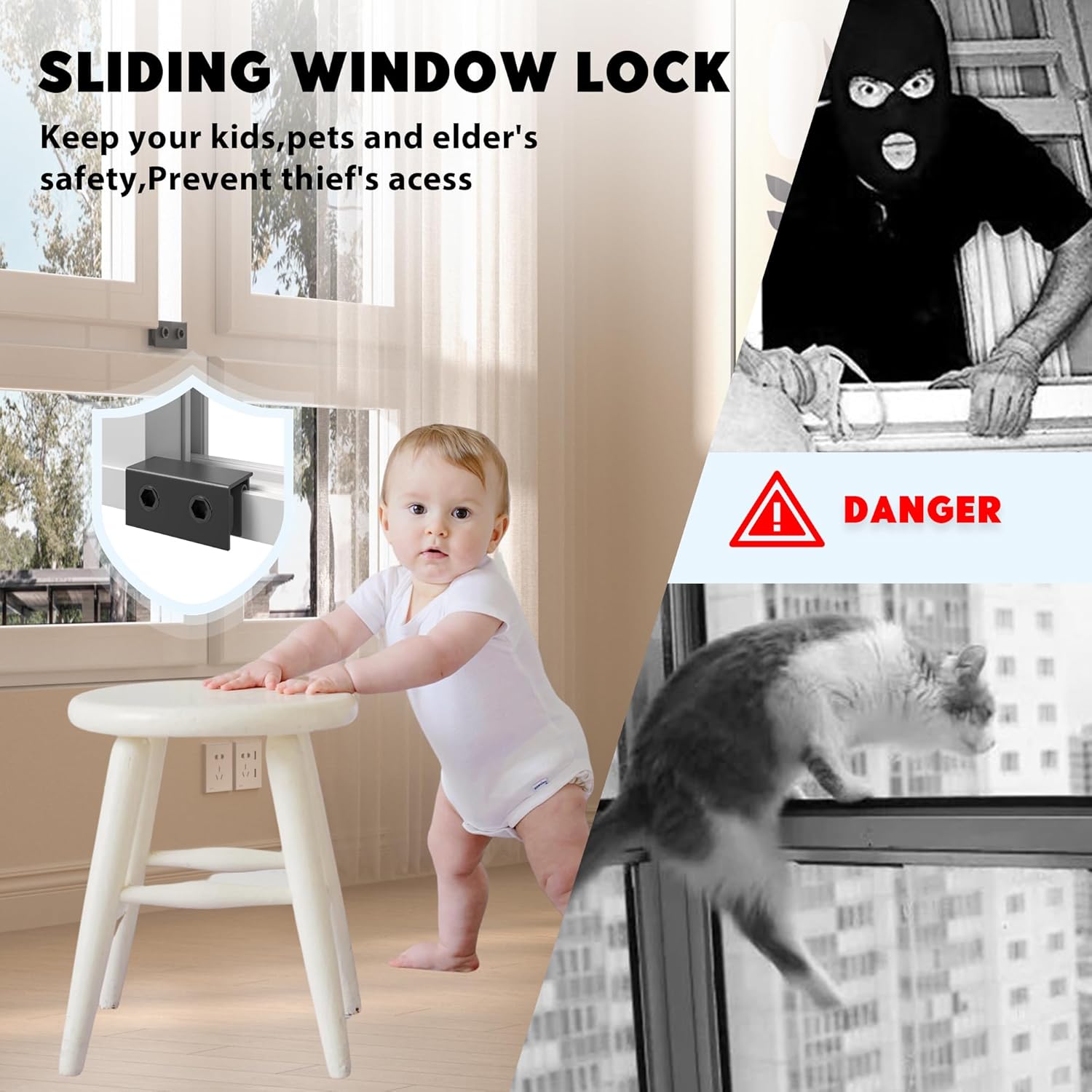 8 juegos de cerraduras de ventana de seguridad, bloqueo de ventana deslizante de aluminio ajustable para ventanas de vidrio verticaleshorizontales,
