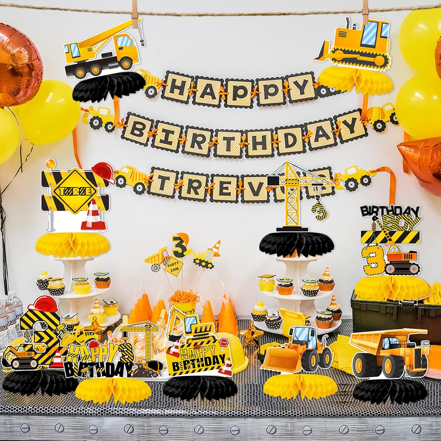 10 centros de mesa de construcción de panal de abeja para decoración de fiesta de tercer cumpleaños para niños, camión volquete, cono, zona de