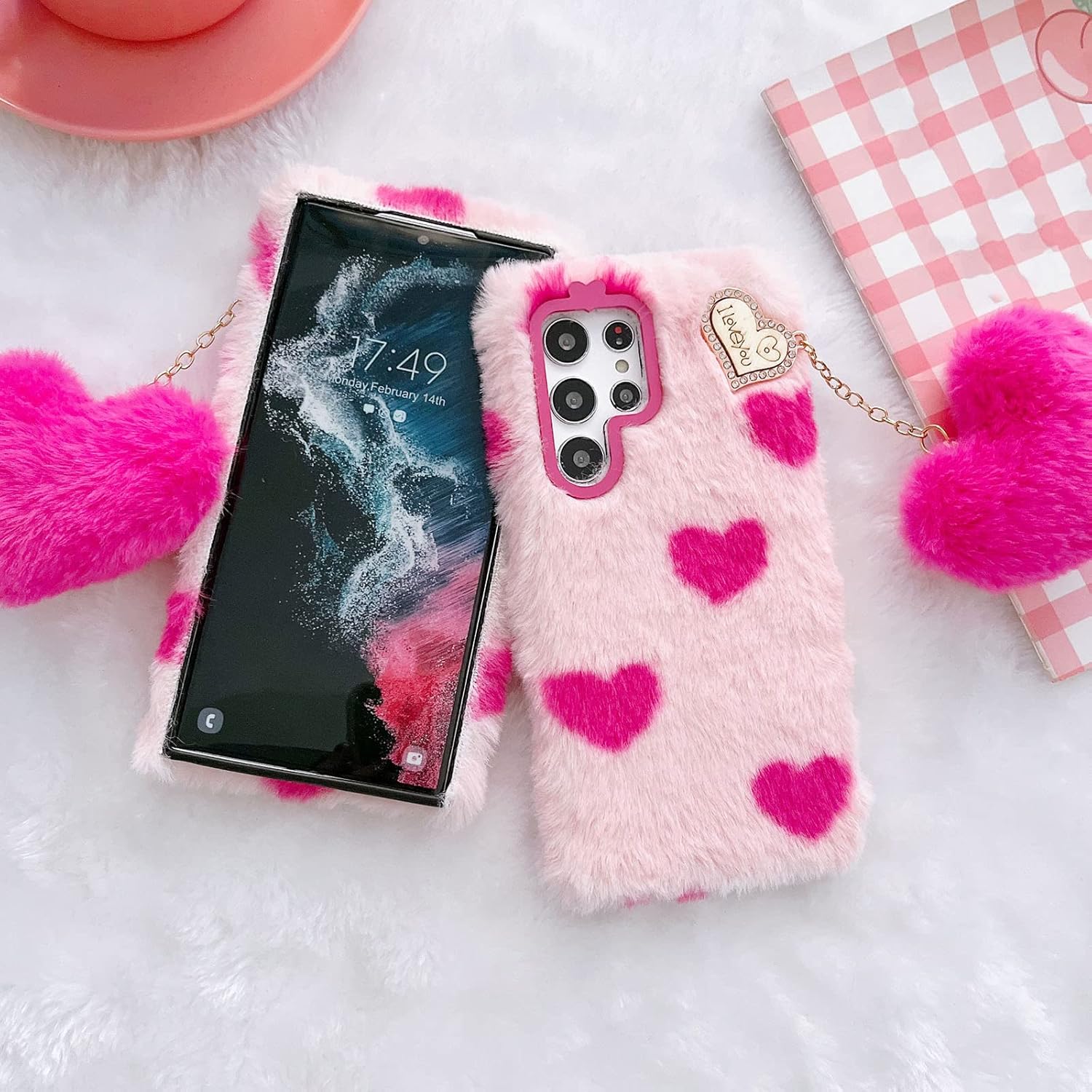 Losin Compatible con Galaxy S22 – Funda peluda ultra afelpada con bonito colgante de bola de corazón de amor 3D, funda de piel mullida y esponjosa,