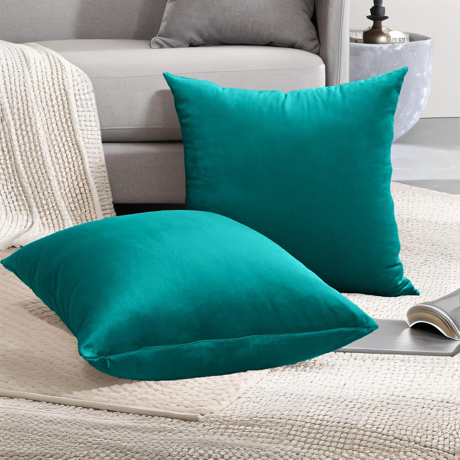 Juego de 2 fundas de almohada de terciopelo de 20 x 20 pulgadas para sofá, fundas de almohada decorativas acogedoras color verde azulado de 20 x 20