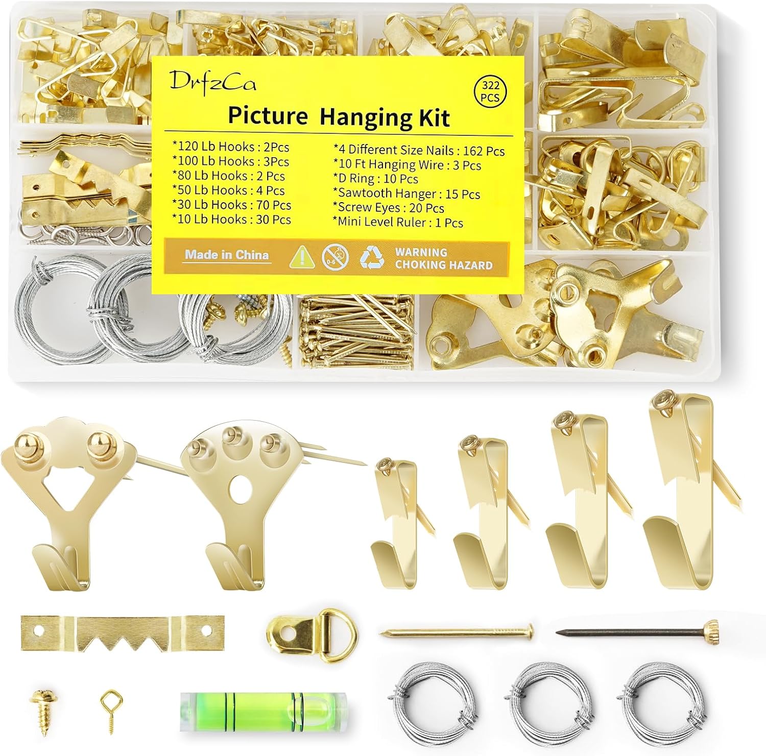 DrfzCa Kit para colgar cuadros, 322 ganchos para fotos, con accesorios para colgar cuadros de 10 a 120 libras, kit surtido para colgar cuadros en
