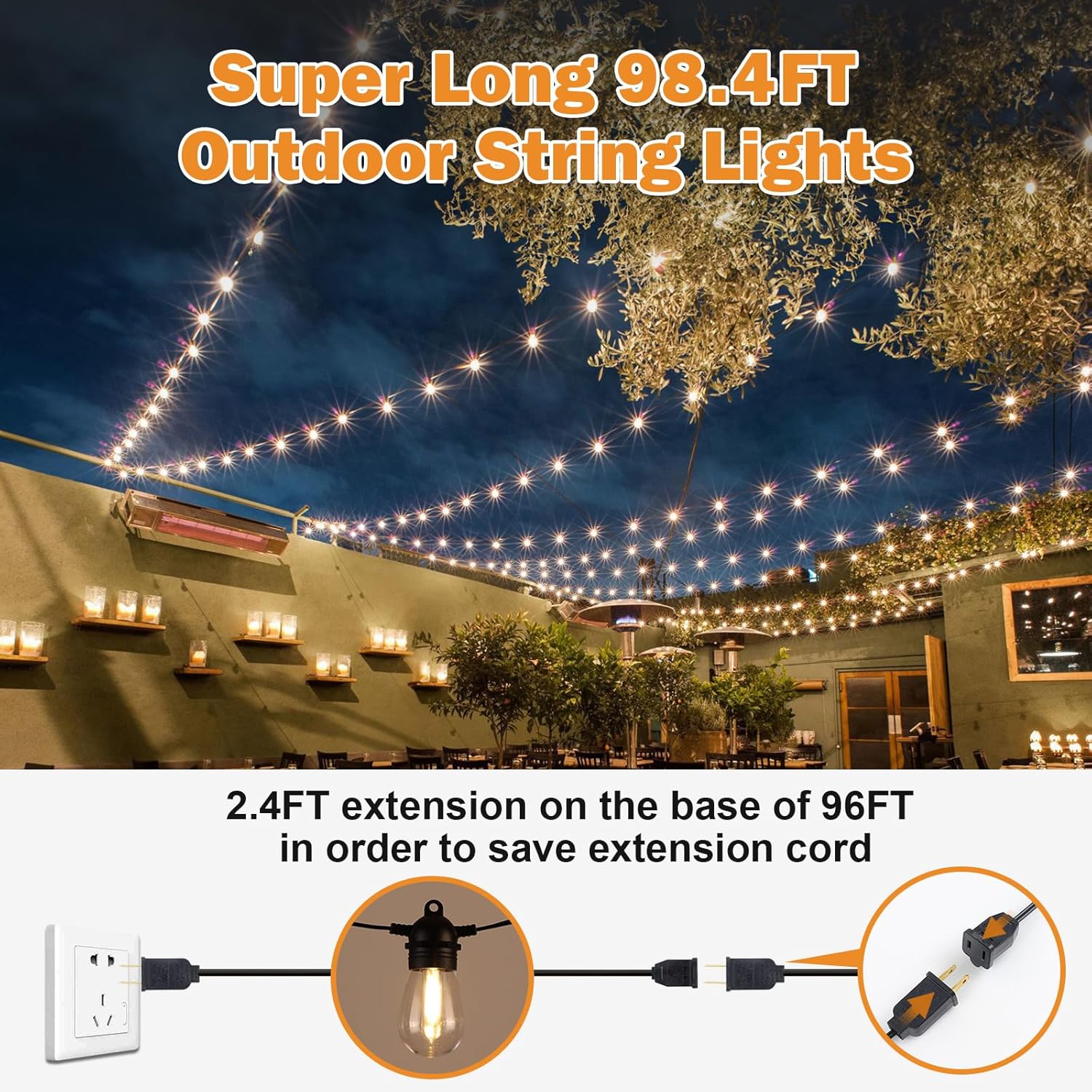 Guirnalda de luces LED para exteriores, con certificación UL, impermeable, con 32 bombillas Edison E12 S14 inastillables, luces regulables para