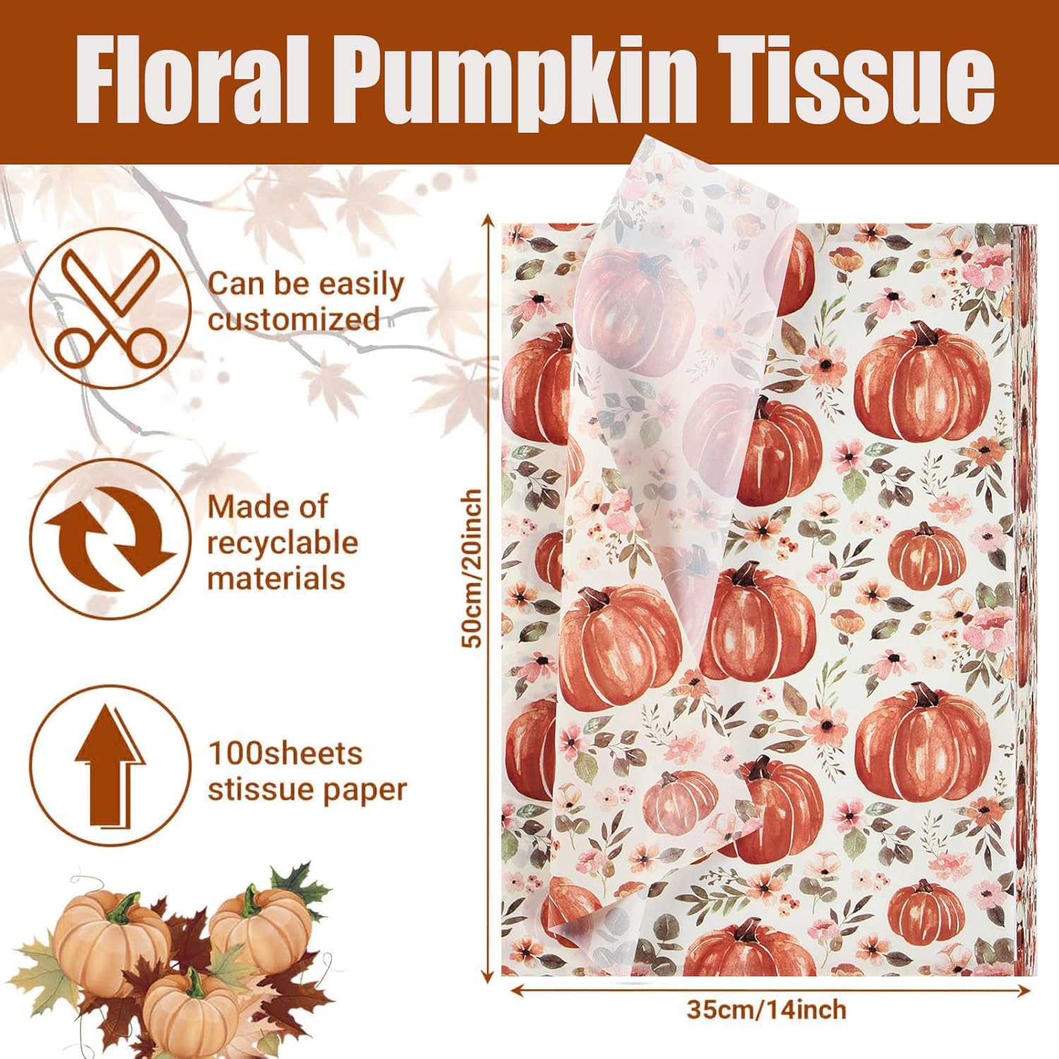 100 hojas de papel de seda de otoño de 20 x 14 pulgadas para bolsas de regalo, papel de envoltura de regalo con estampado floral de calabaza para el