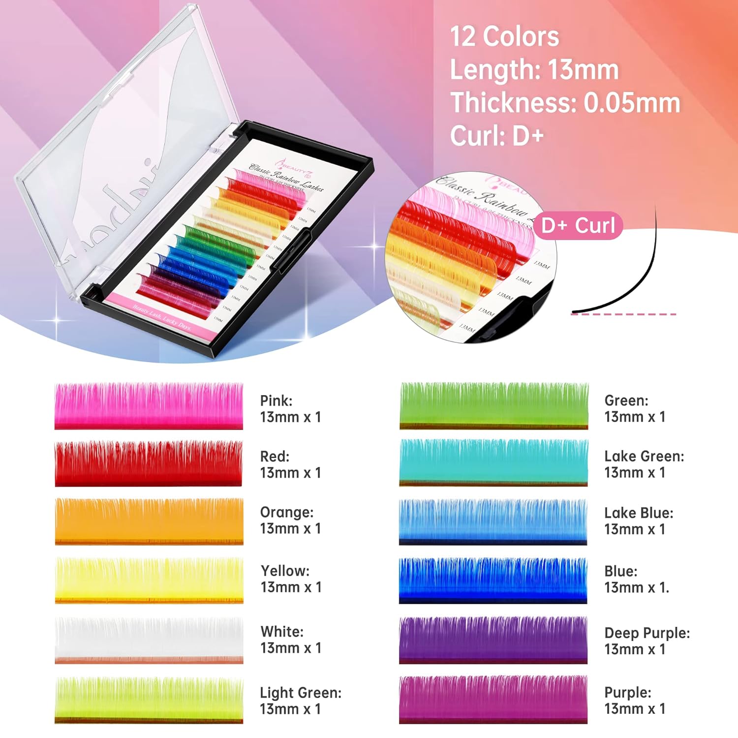 Beauty7 Extensiones de pestañas de colores arco iris, pestañas clásicas, 12 colores, rizo D+, 0.002 in de grosor, 0.512 in, pestañas dramáticas,