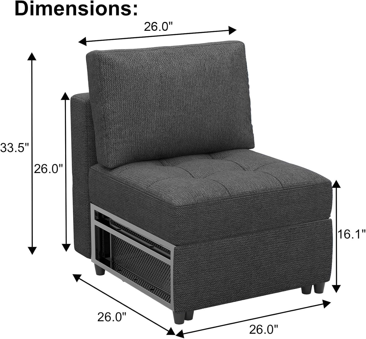 Belffin Sofá lateral de tela sin brazos, moderno módulo de asiento individual para sofá modular extraíble, sofá seccional, gris oscuro
