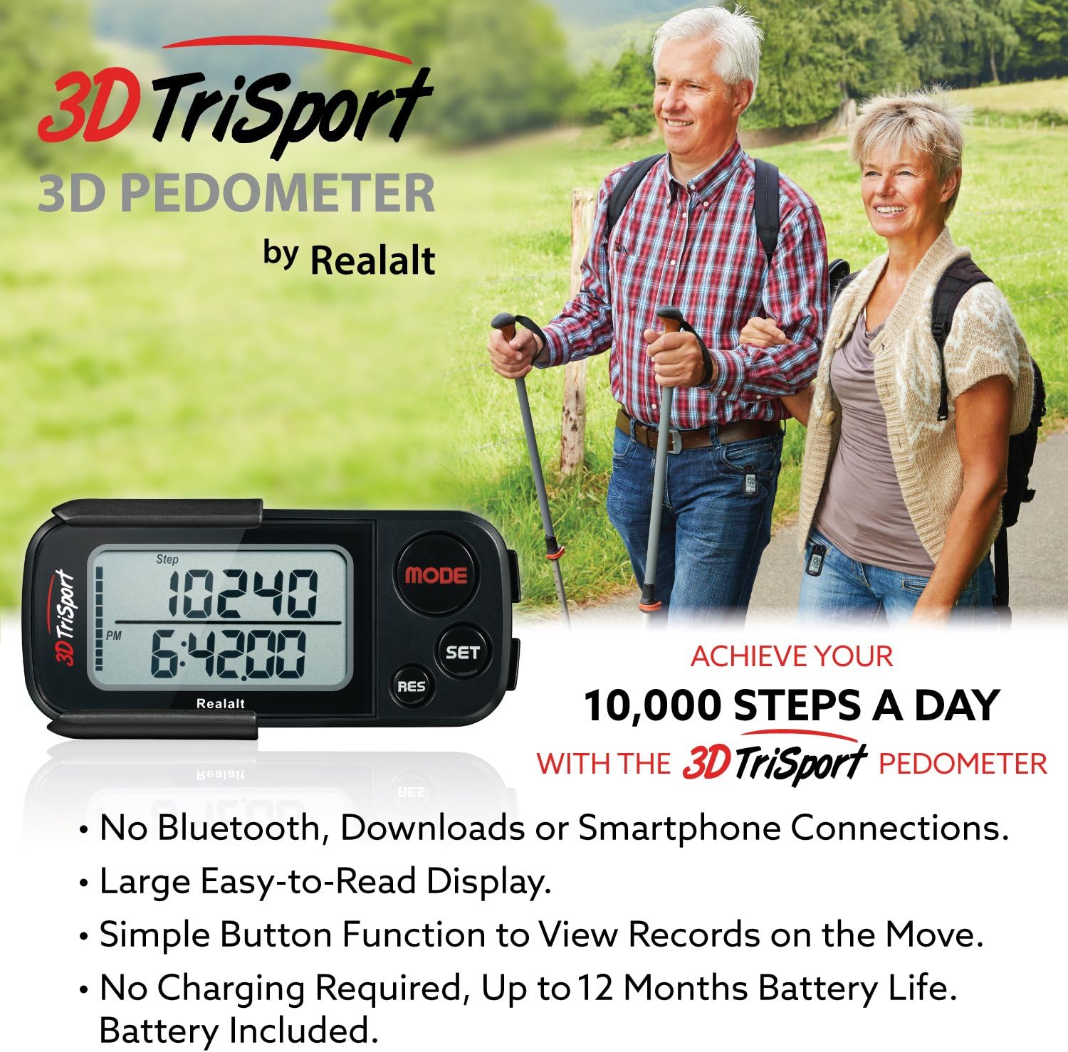 3DTriSport – Podómetro 3D para caminar con clip y correa, libro electrónico gratuito  30 días de memoria, contador de pasos preciso, distancia a pie