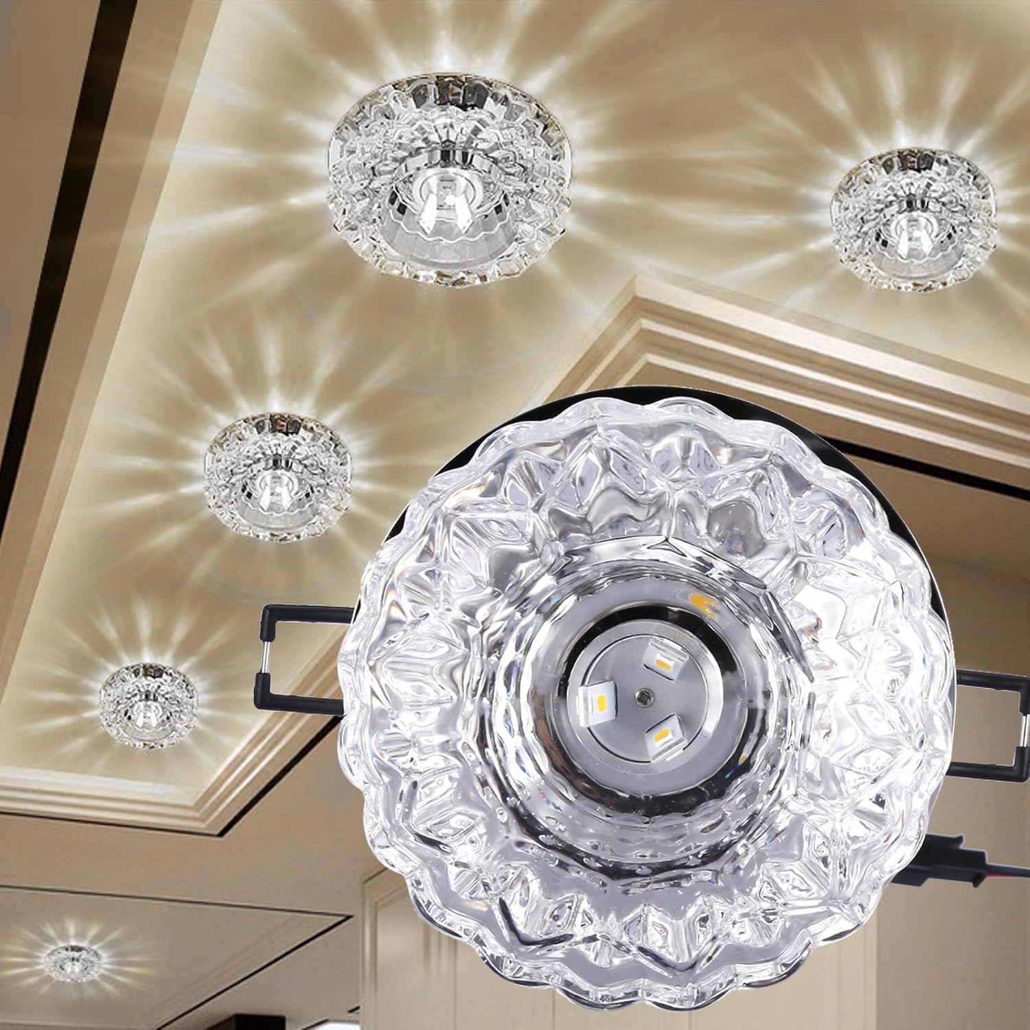 Fafeicy Lámpara empotrable de techo LED de 3 W, lámpara de cristal de cristal, ahorro de energía, luz cálida, para decoración del hogar (luz blanca