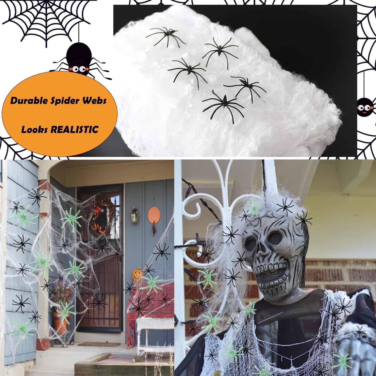 900 pies cuadrados de telarañas decorativas de Halloween, incluyendo 30 arañas negras falsas, 20 arañas luminosas y telarañas superestiradas (obtén