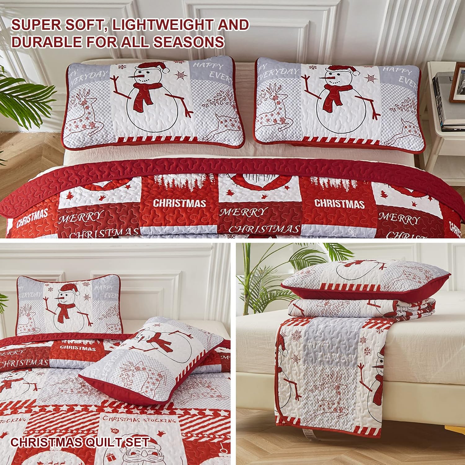 Juego de edredón de Navidad, tamaño King, con estampado rojo, Papá Noel, muñeco de nieve, colcha de microfibra suave con 2 fundas de almohada para
