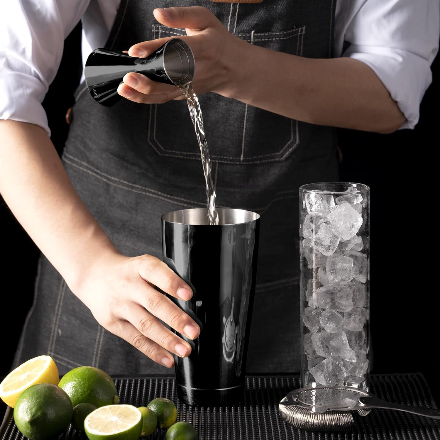 Homestia Jigger de cóctel doble minimalista con medidas (onzas y ml y cucharadas), jigger negro para medir tiro de barman, jigger de medición de
