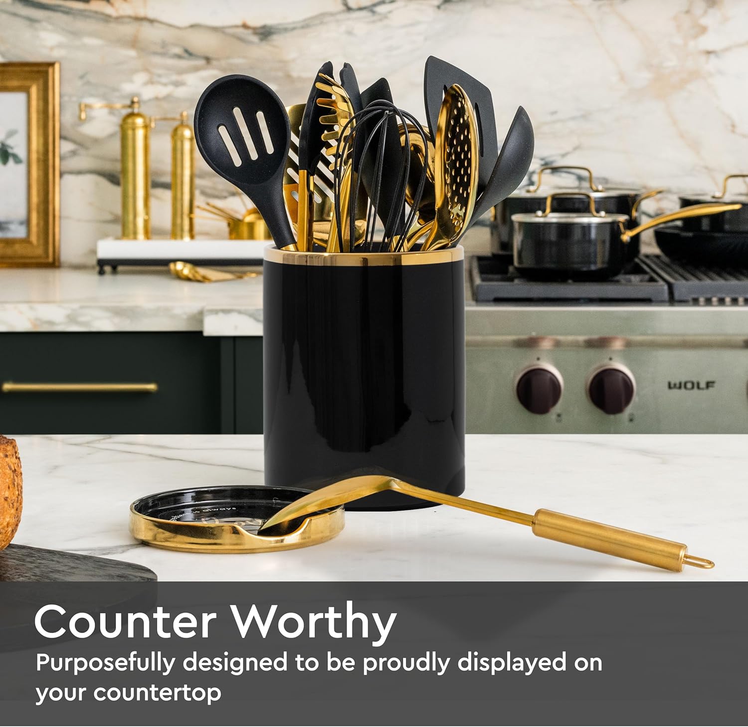 Styled Settings Soporte para utensilios negro y dorado con soporte de cuchara integrado, 2 soportes grandes de cerámica para utensilios de cocina,