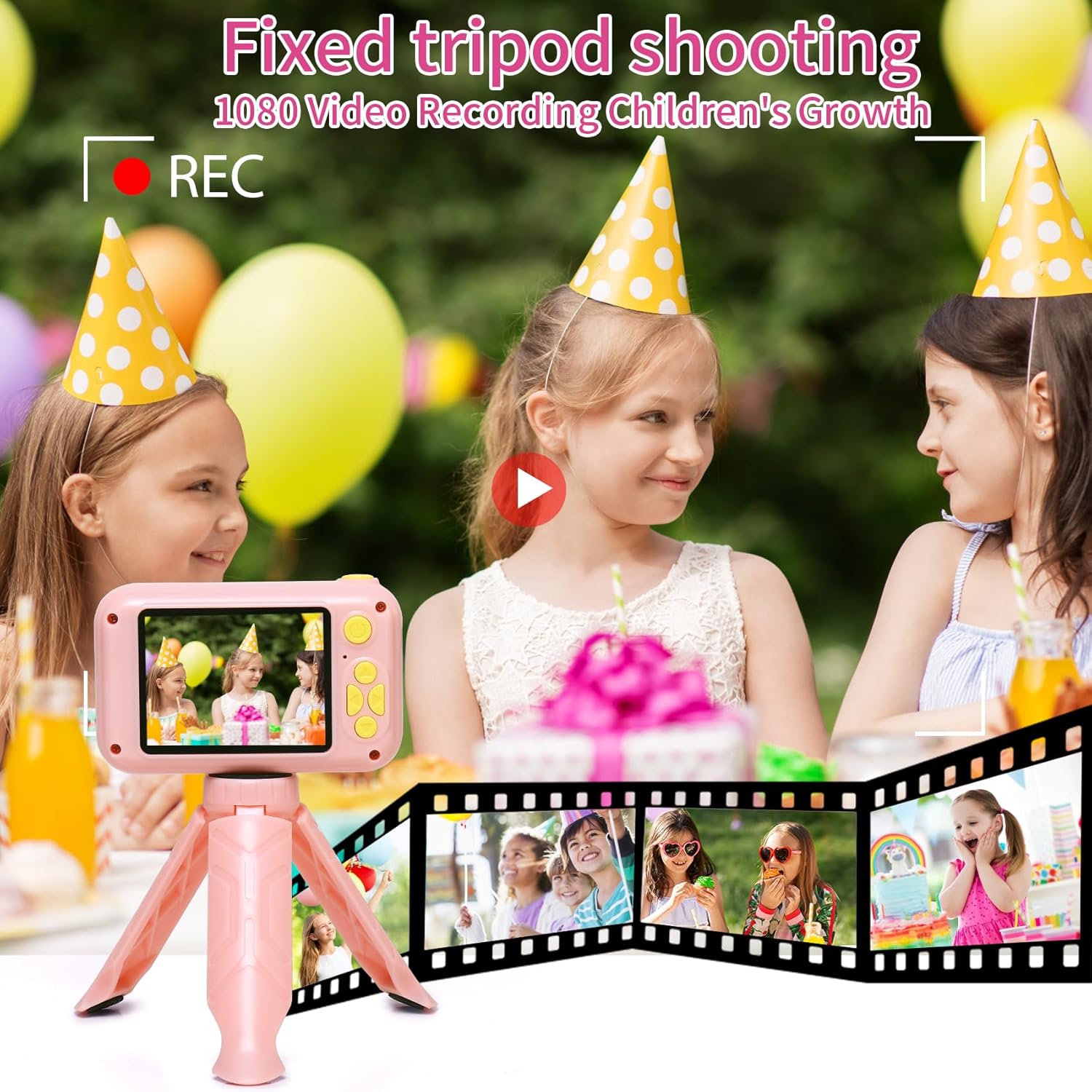 Cámara para niños, cámara digital con pantalla IPS de 2.4 pulgadas, cámara de lente abatible de 180, cámara selfie para niños con juego de