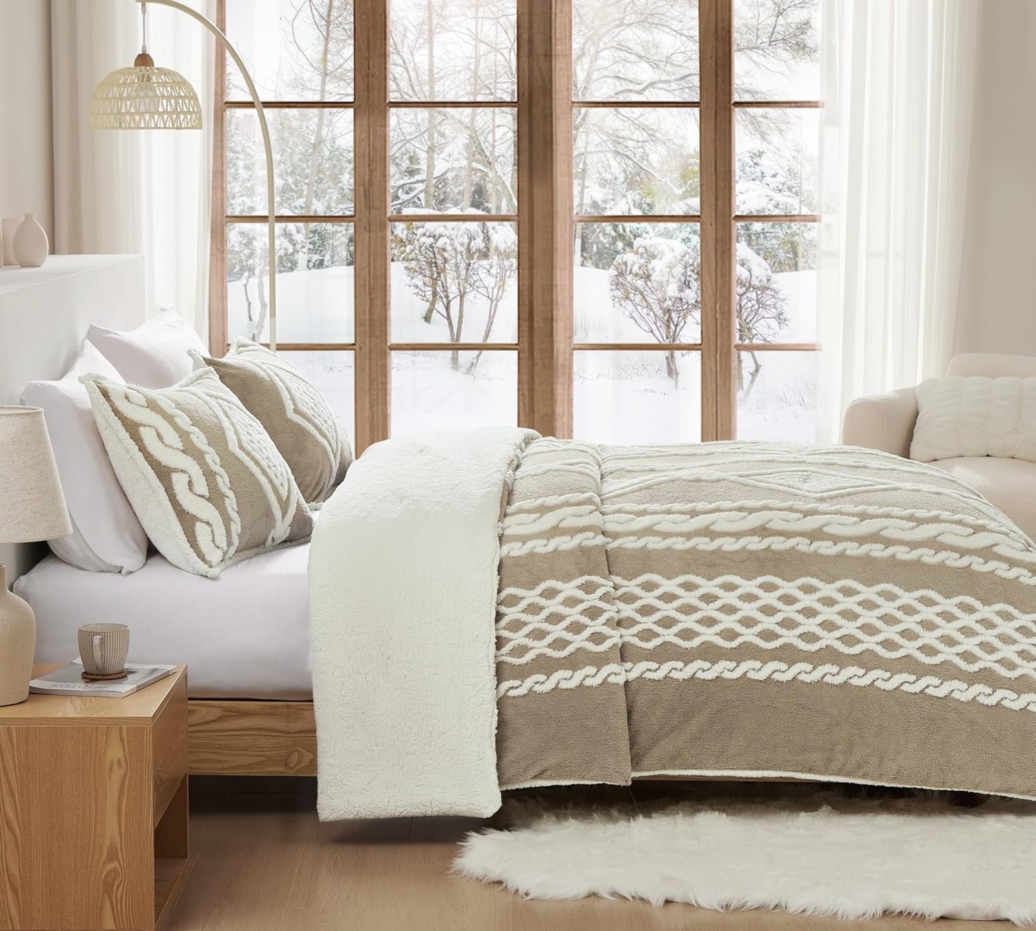 Geniospin Juego de edredón tamaño matrimonial, juego de edredón sherpa ultrasuave para cama de tamaño matrimonial, juegos de ropa de cama jacquard