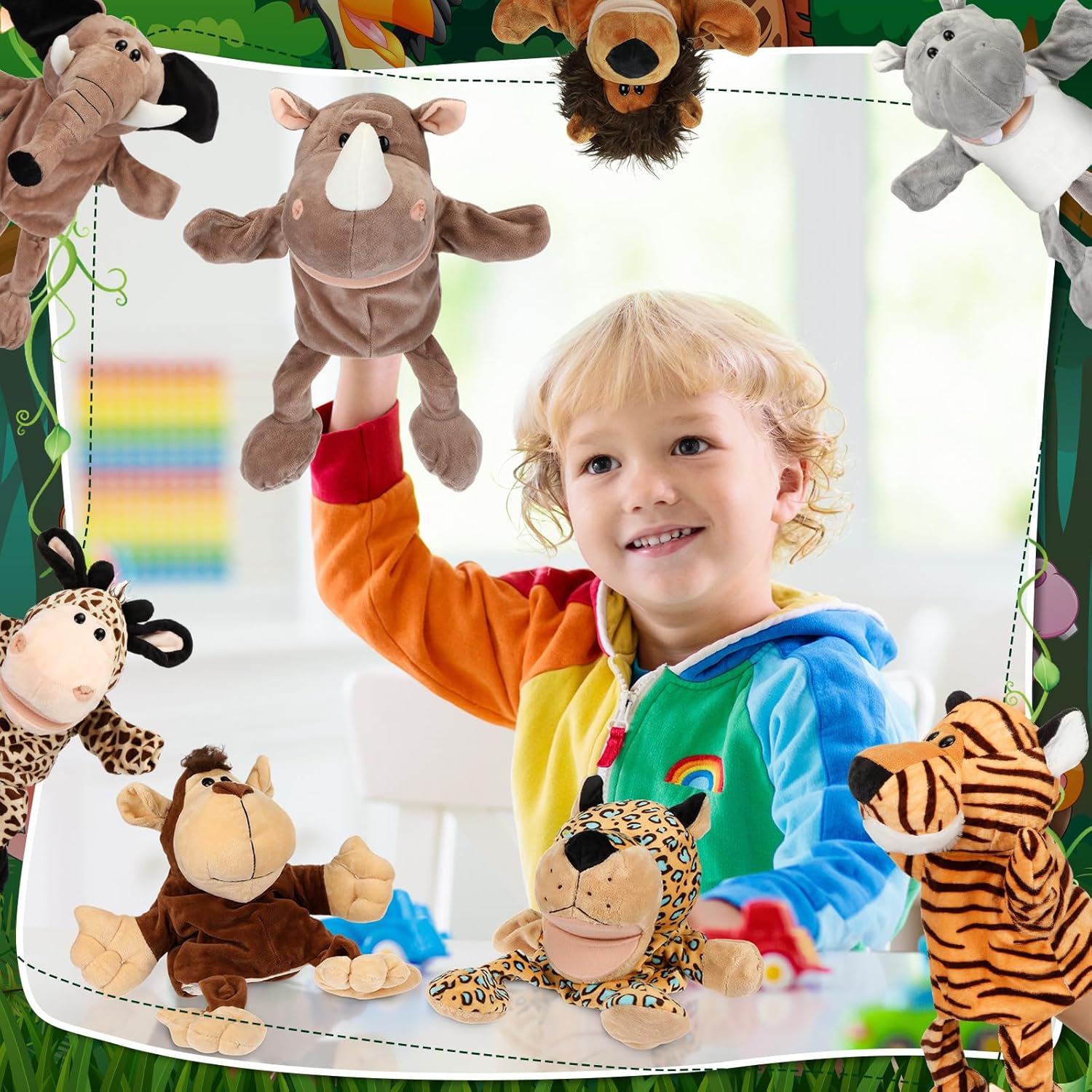 Juego de 10 títeres de mano de animales para niños, juguetes de selva de felpa suave con boca abierta y movible, amigo, safari, vida silvestre,
