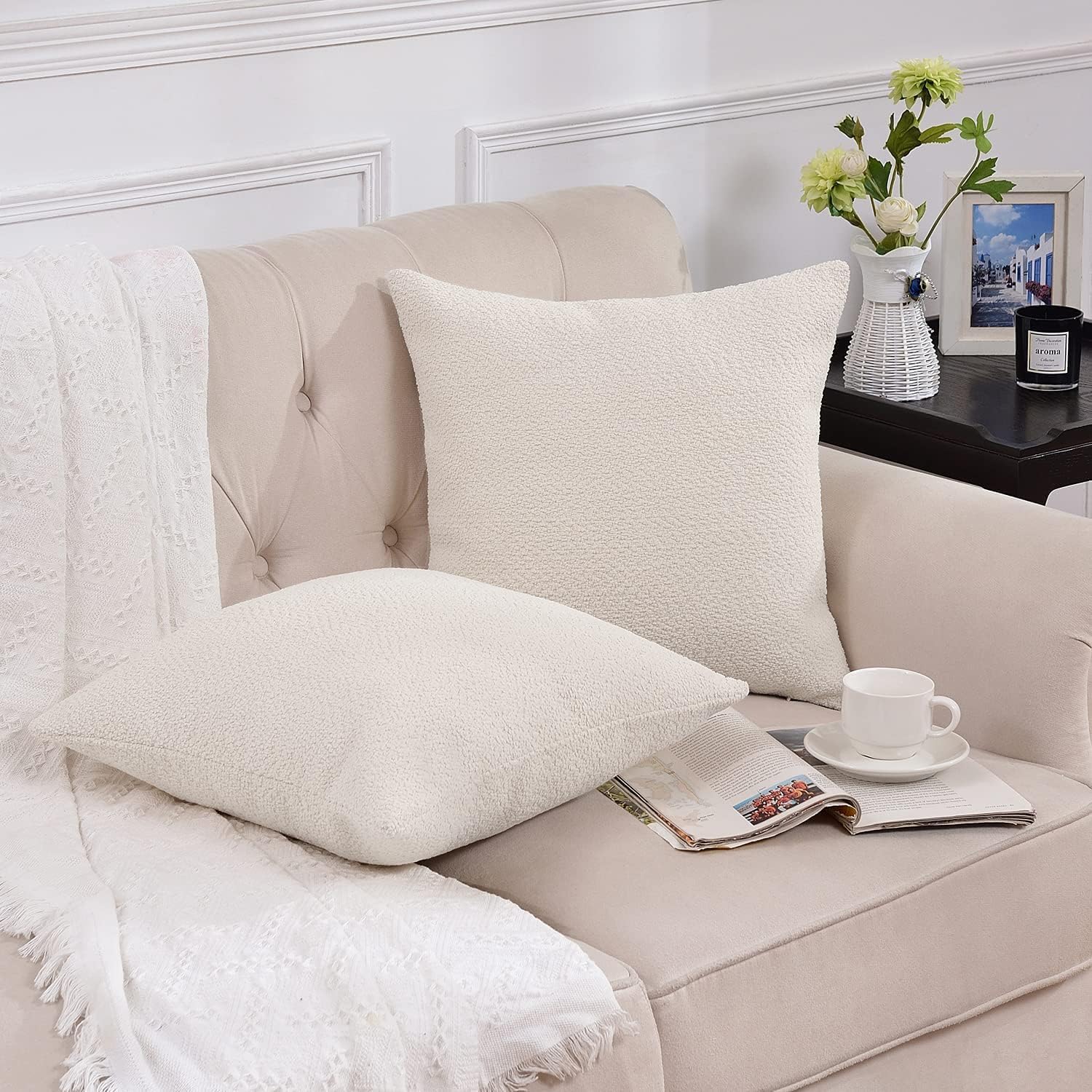 Ivory Colored Cute Boucle Textured Throw Pillow Covers, Cozy Soft Accent Cushion Cases, Modern Zippered Design for Sofa Couch Bed and Living Room –