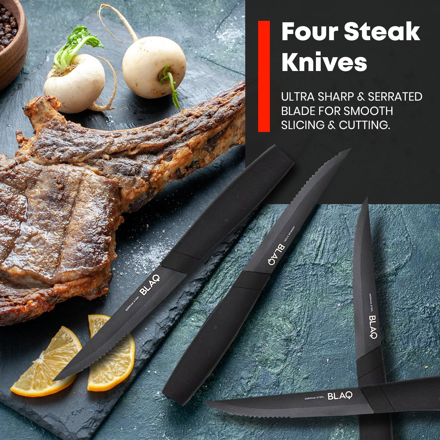 BLAQ Juego de 4 cuchillos para carne, cuchillos alemanes de acero inoxidable dentado con asas ergonómicas, aptos para lavavajillas, cuchillos para