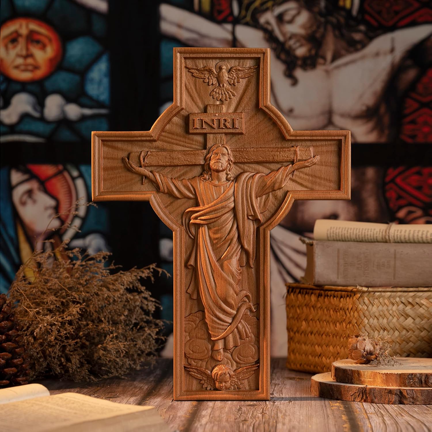BGCOPPER Cruz de pared de crucifijo hecha a mano con gancho, cruz de Jesús INRI, decoración Wll para iglesia, hogar, habitación, regalos de Navidad