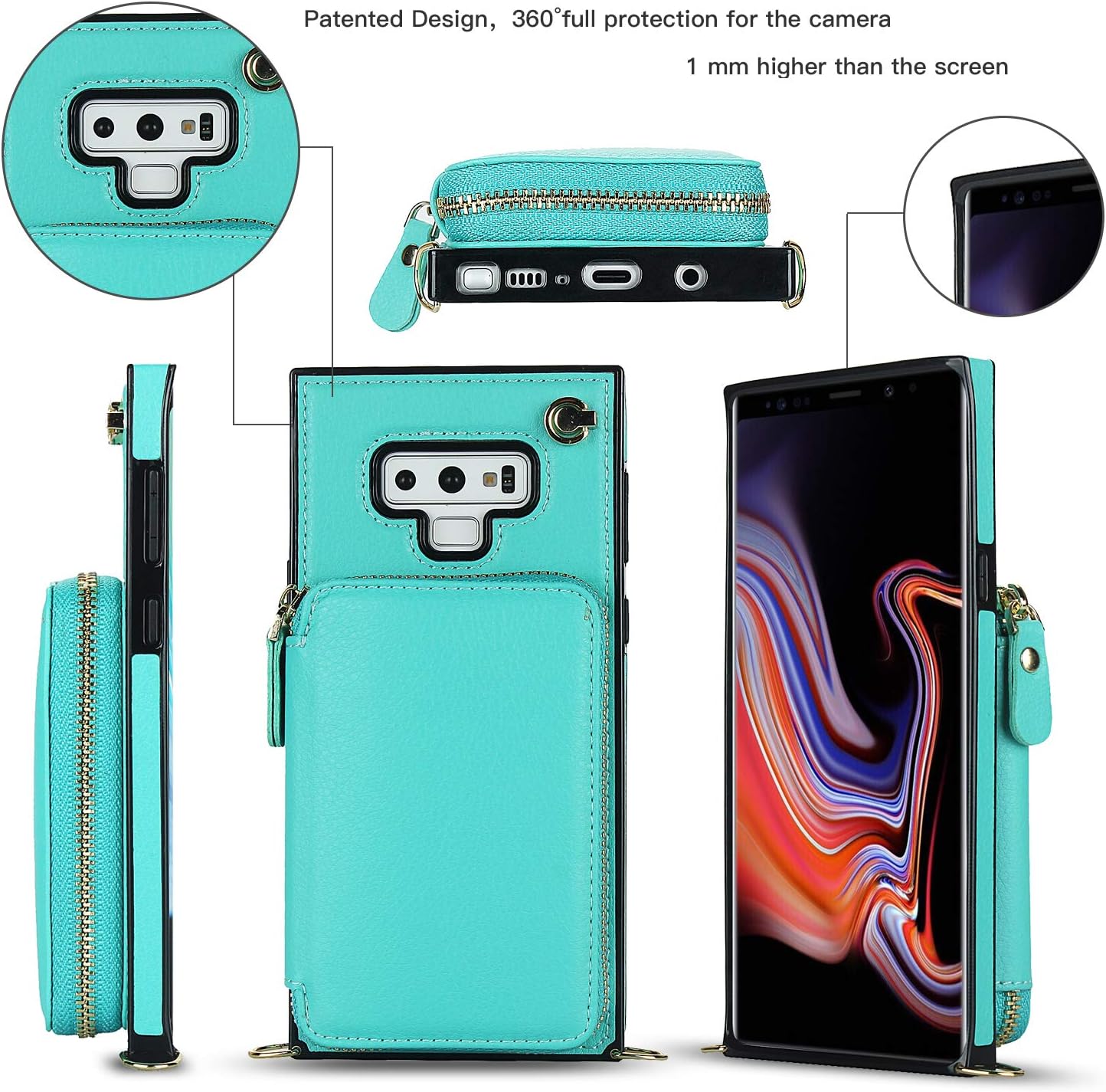Asuwish Funda de teléfono para Samsung Galaxy Note 9 con protector de pantalla de vidrio templado y soporte para tarjetas con cremallera, soporte de