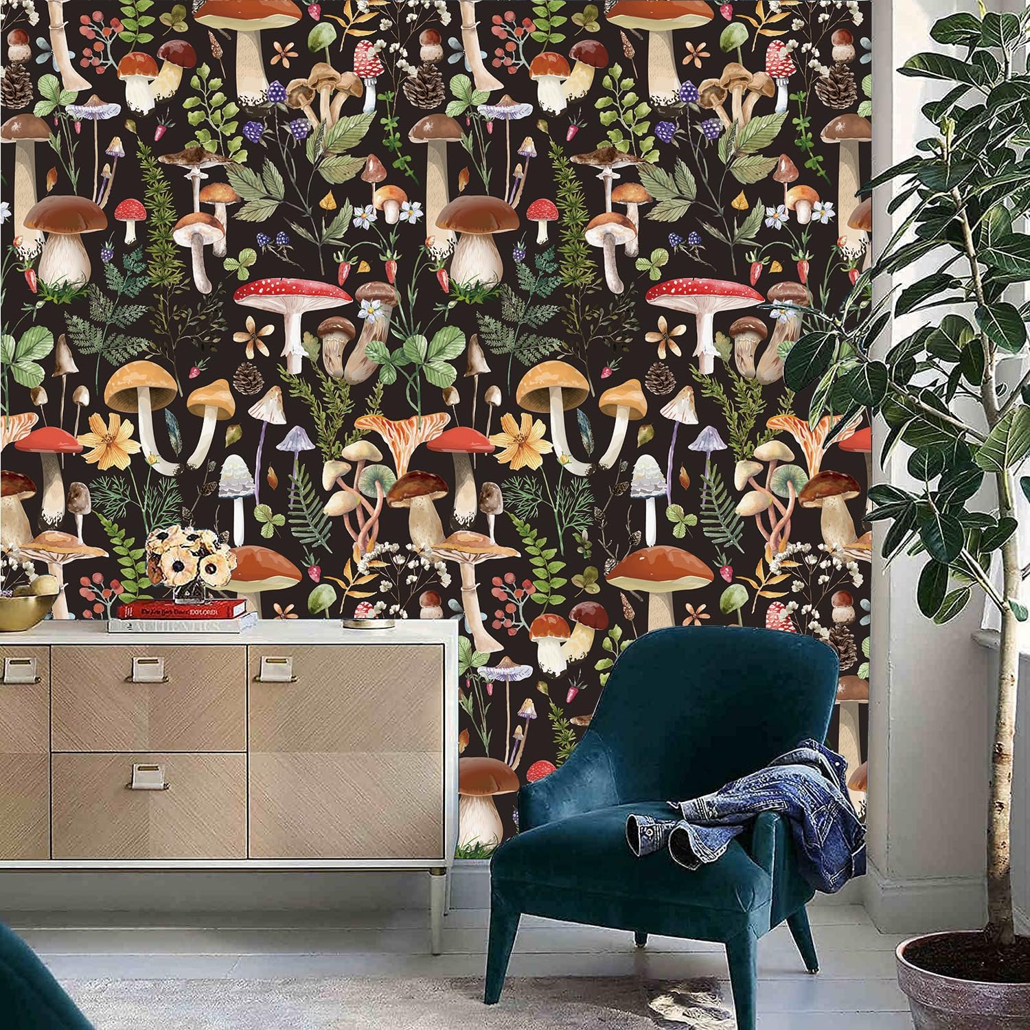 Papel tapiz autoadhesivo con diseño de hongos, estilo bohemio, para el hogar, diseño floral, extraíble, color rojo, para muebles de cocina sobre