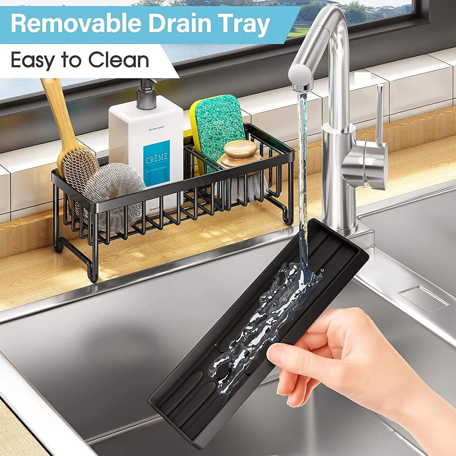 Camidy Organizador multifuncional para fregadero de cocina, organizador de cepillos para fregadero con bandeja de drenaje extraíble, organizador de