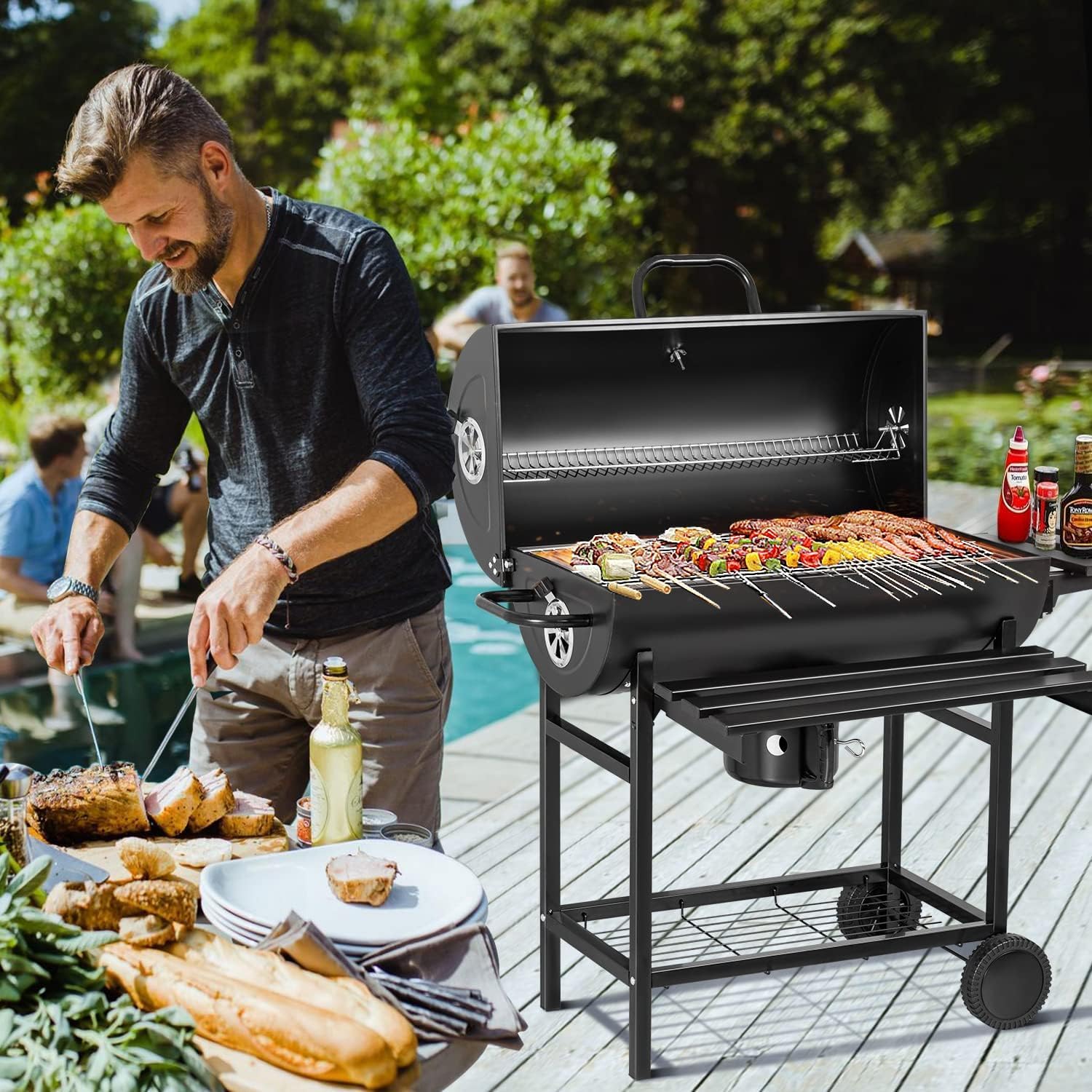 Flamaker Parrilla de carbón estilo barril barbacoa parrilla de carbón con tres estantes de artículos, termómetro de doble capa de hierro cromado