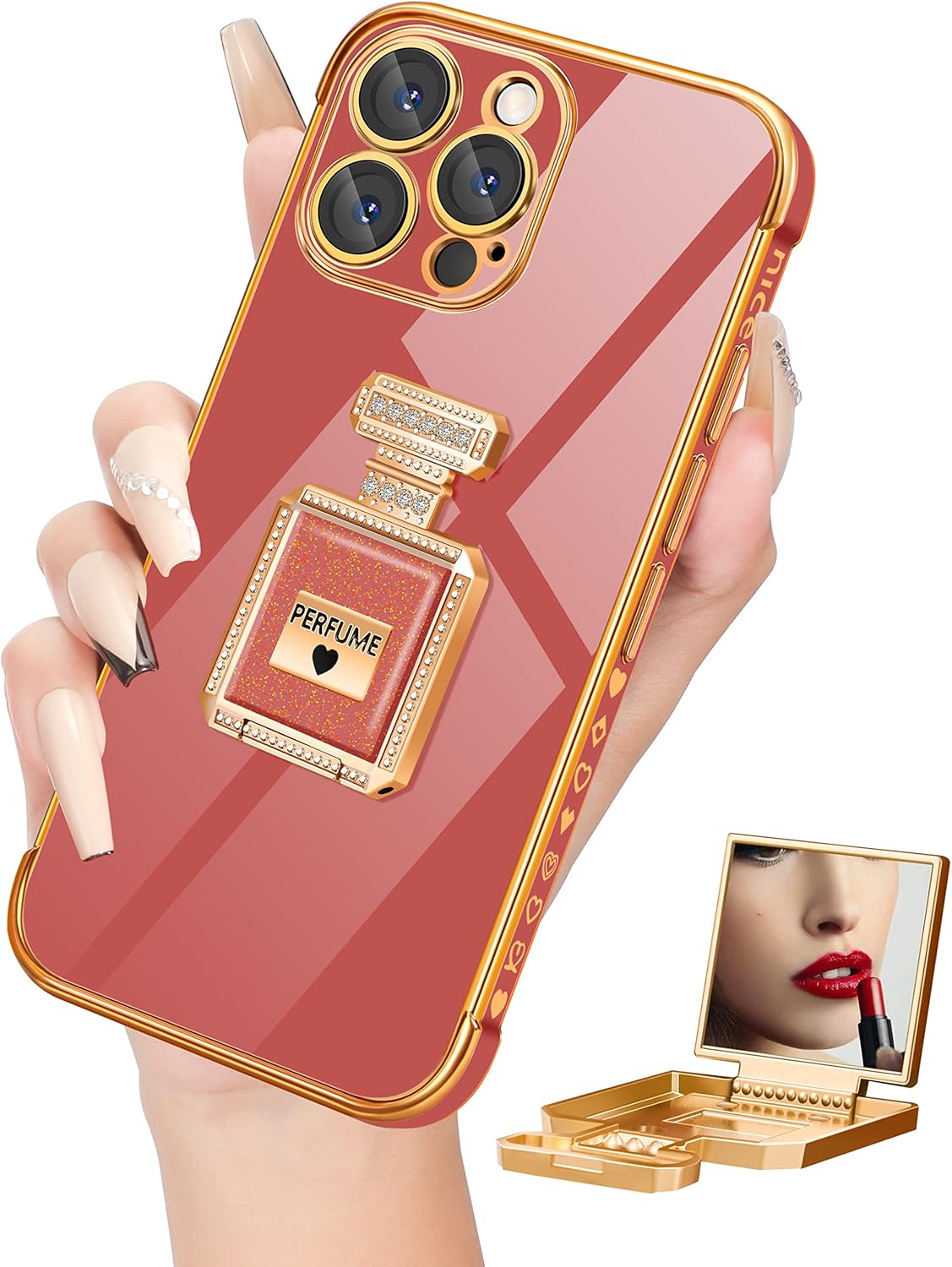 Buleens Funda para iPhone 13 Pro Max con soporte de espejo de botella de perfume de metal, bonitas fundas de corazón femenino para 13 Pro Max,