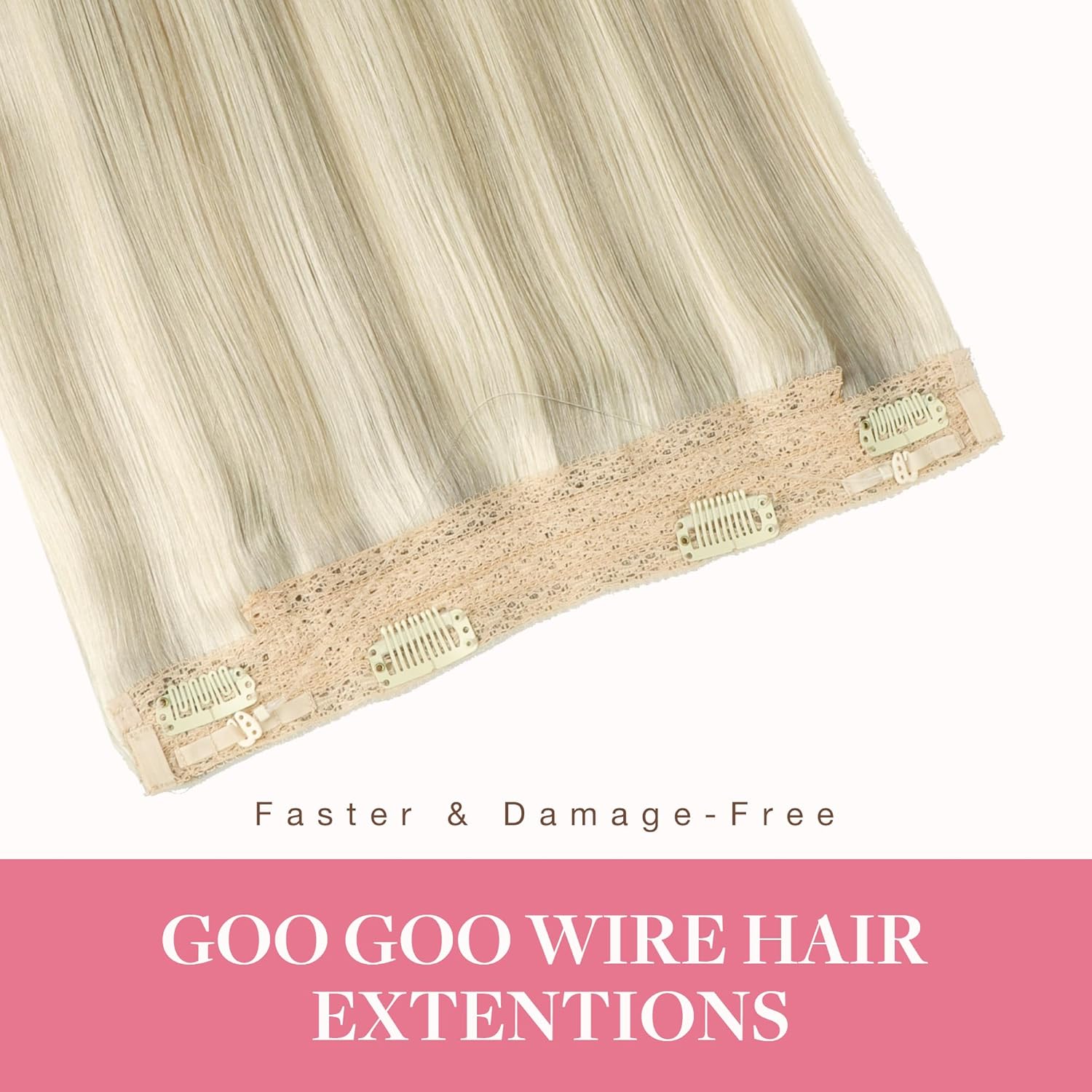 GOO GOO Extensiones de cabello humano real con alambre, 22 pulgadas, 4.06 oz rubio ceniza con reflejos platino, extensiones de cabello con alambre