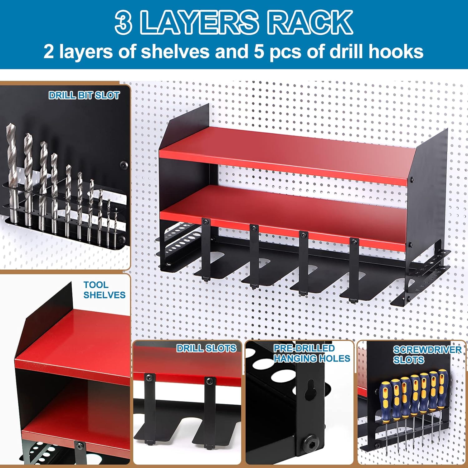 Organizador de herramientas eléctricas de 3 capas, 5 estantes de almacenamiento de taladros, estilo de montaje en pared, estante de herramientas de