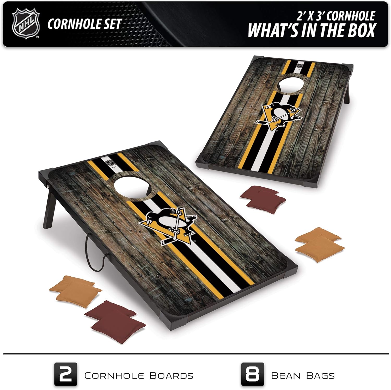 NHL Pro Hockey sobre hielo 2′ x 3′ MDF madera Deluxe Cornhole Set por Wild Sports, viene con 8 pufs  perfecto para portón trasero, al aire libre,