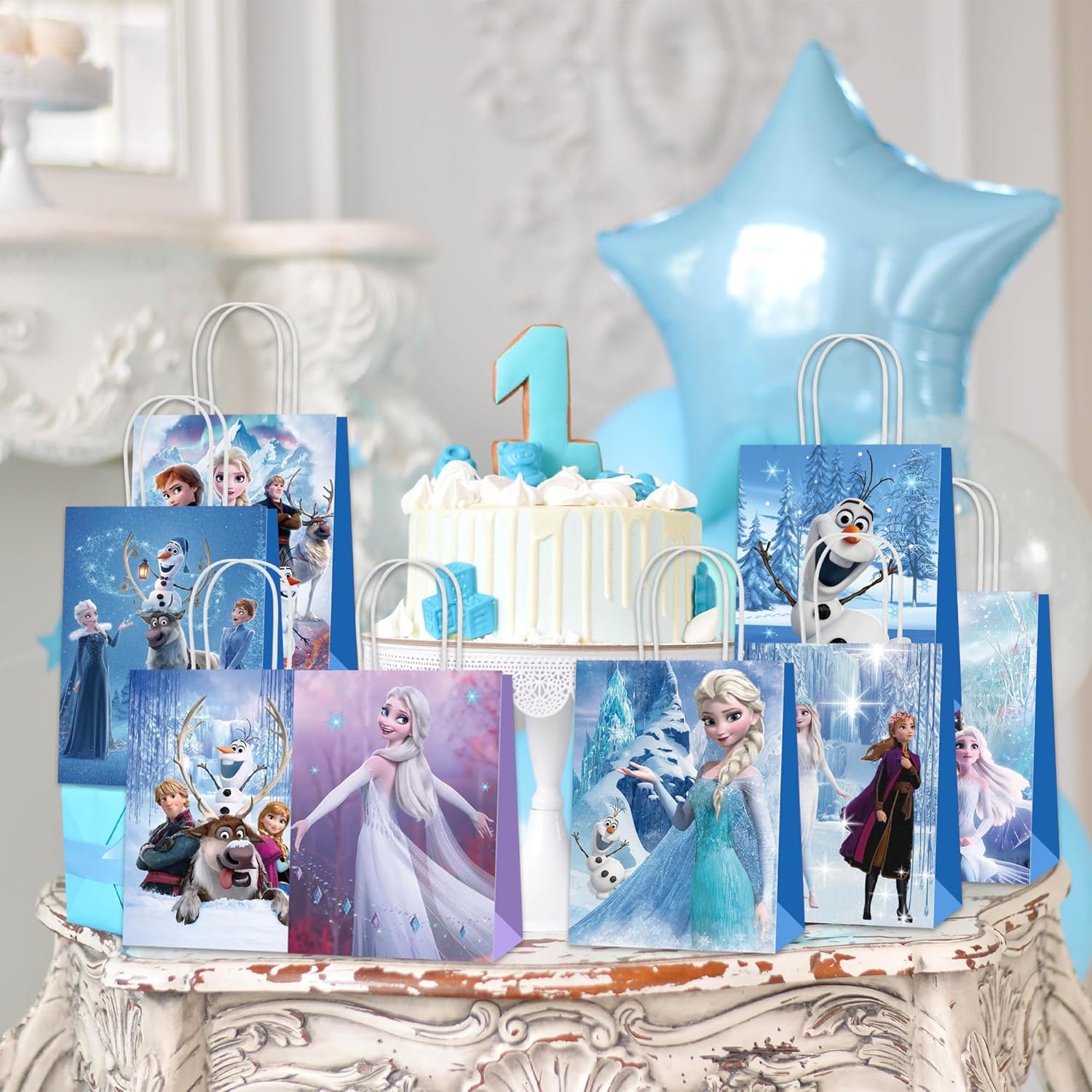 Quilota 24 suministros mágicos de fiesta de cumpleaños de Frozen para niñas, bolsas de regalo de princesa con asas, bolsas de regalo de dulces para