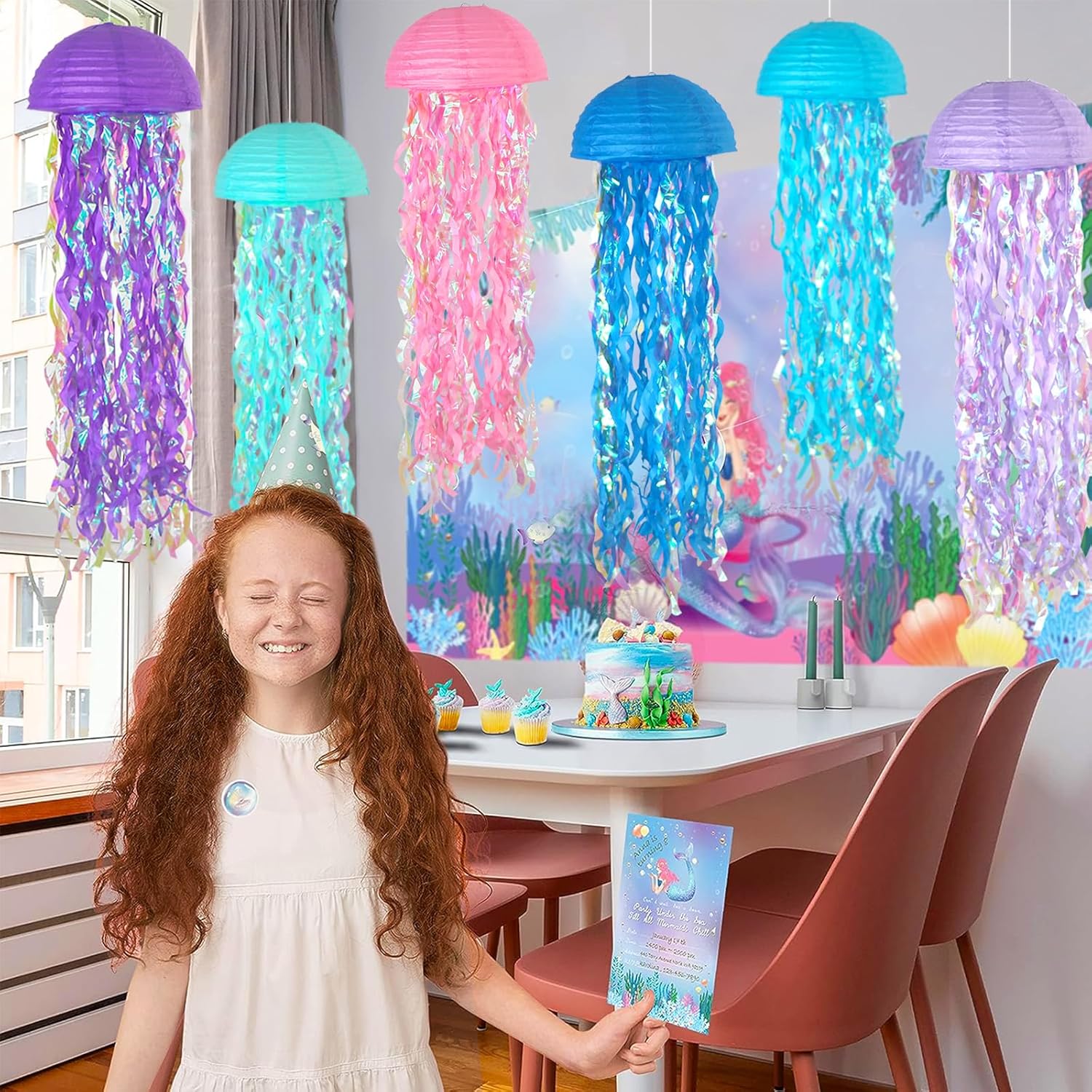 Paquete de 6 faroles de papel de medusas colgantes de sirena, farol de deseos de sirena, suministros de fiesta temática oceánica, ideales para