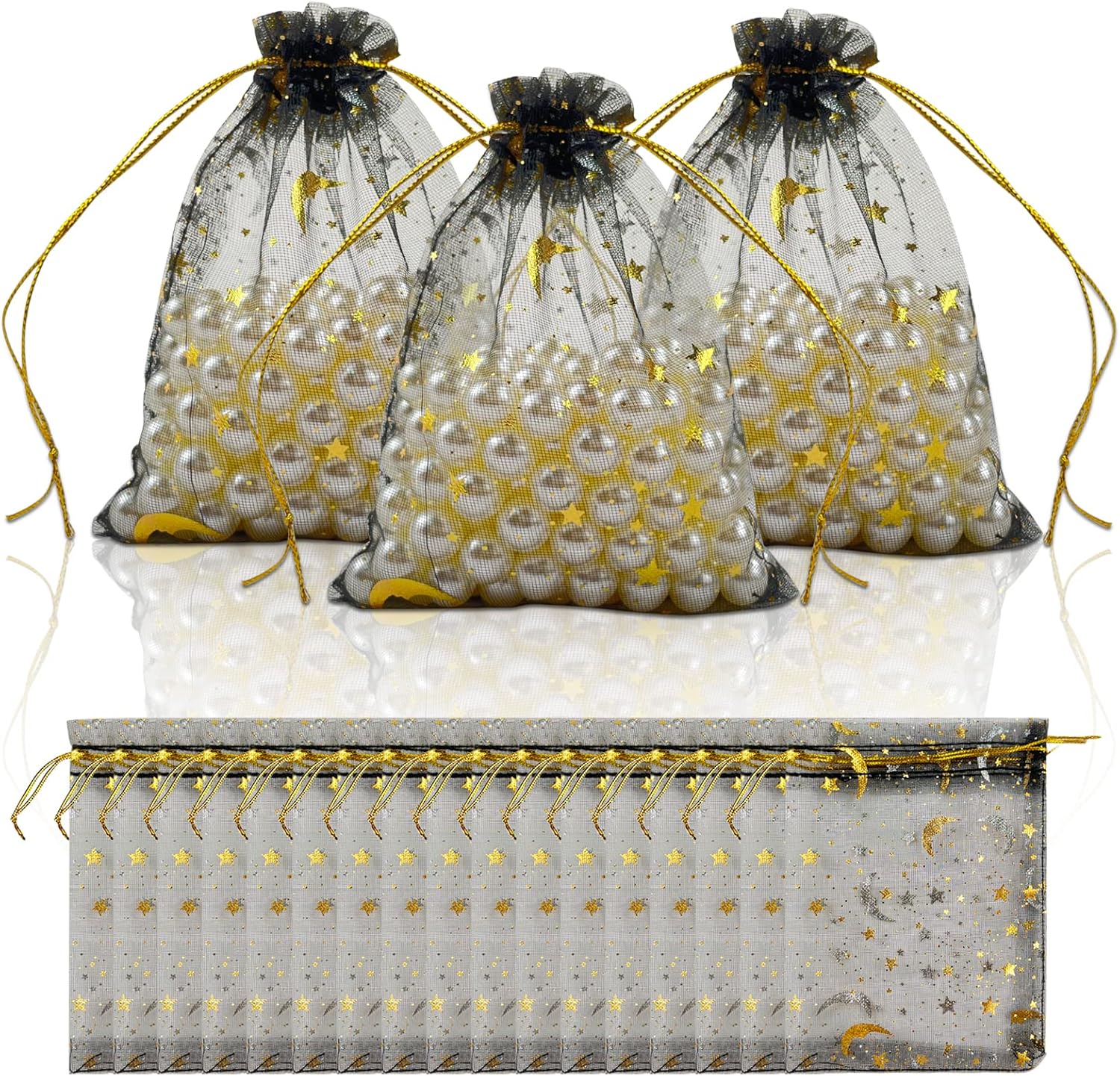 100 bolsas de organza con diseño de estrella y luna, bolsas para joyas, bolsitas para dulces, bolsas de regalo de organza con cordón para bodas,