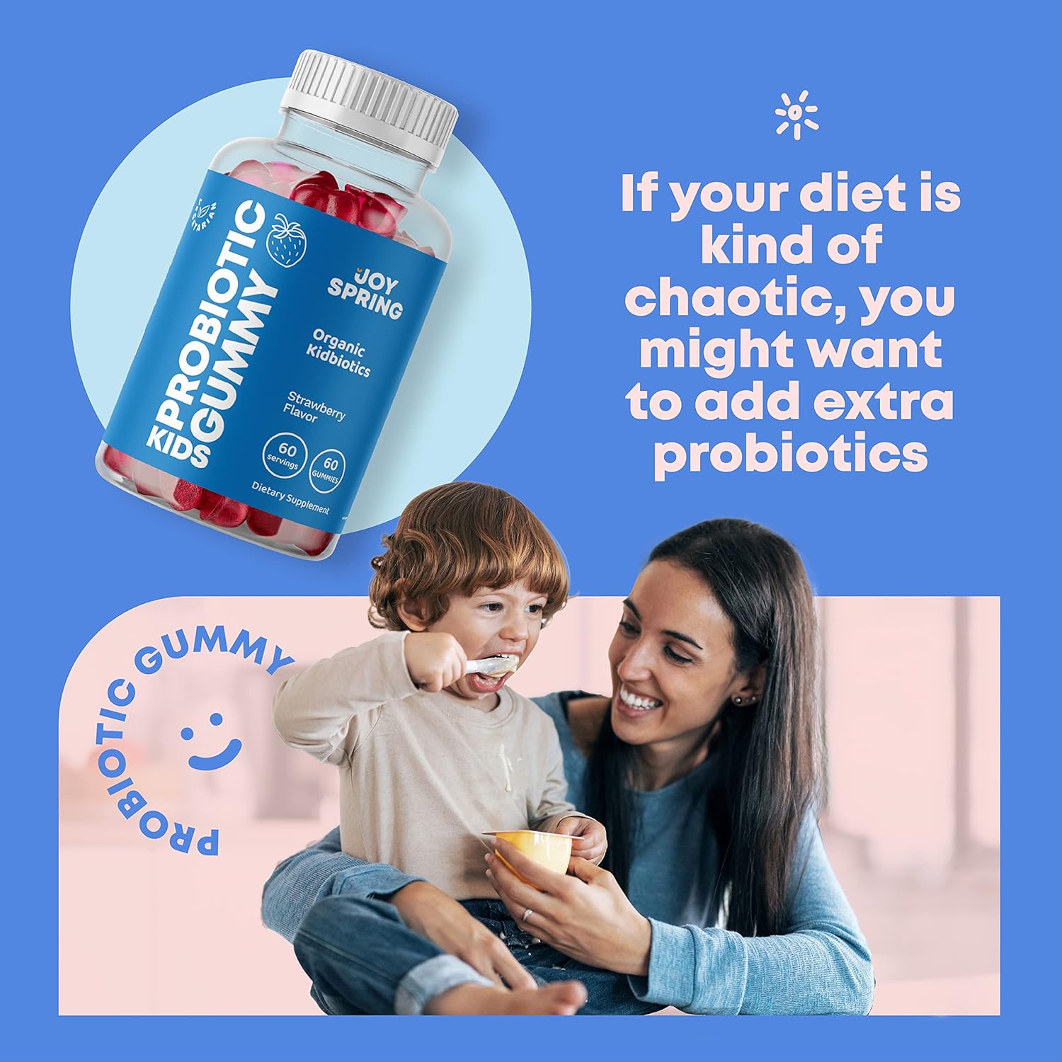 JoySpring Probióticos para niños pequeños con sabor a fresa – Probióticos de goma para niños y líquido multivitamínico para niños pequeños