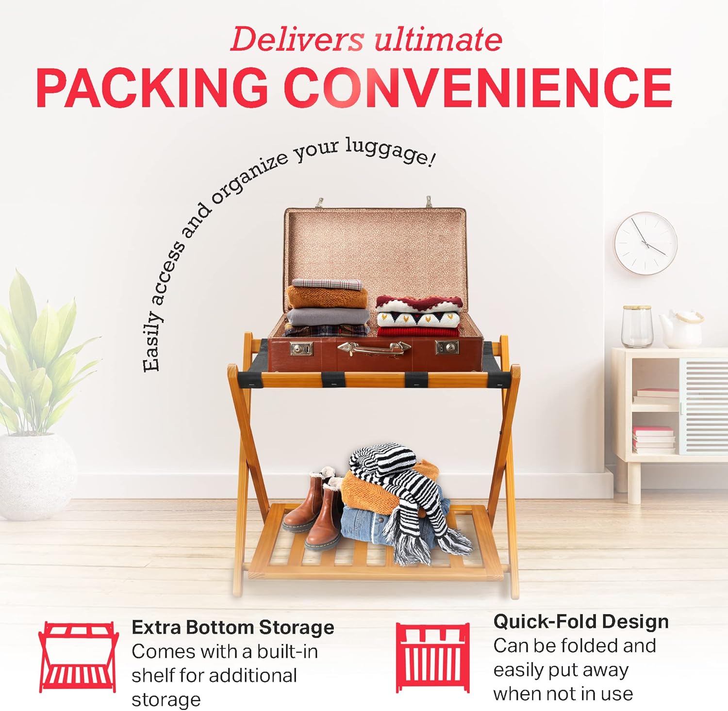 Stony Edge Portaequipajes de madera plegable ancho para habitación de invitados, soporte para maleta totalmente montado con estante de