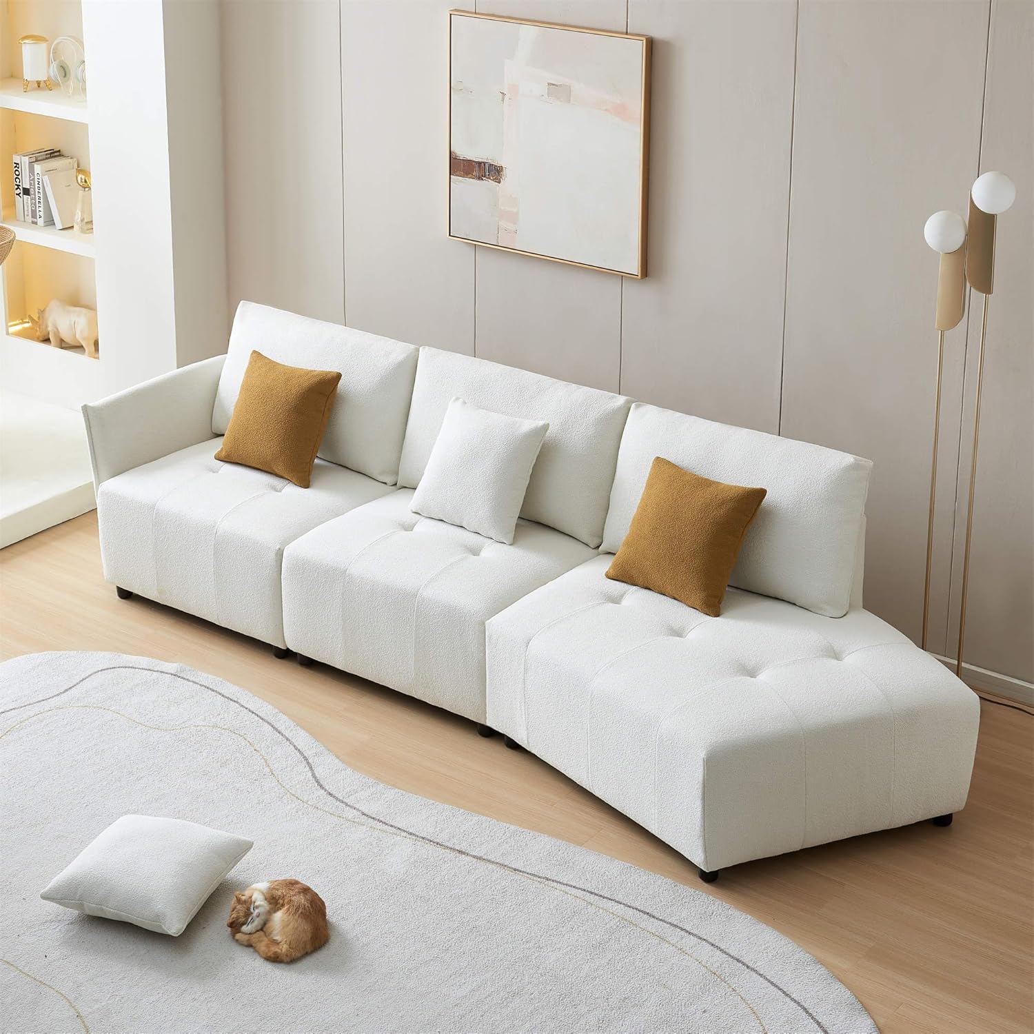 Sofá modular de tela de peluche de 120 pulgadas para sala de estar, moderno sofá modular de 4 asientos con cojín de asiento copetudo con botón y 4