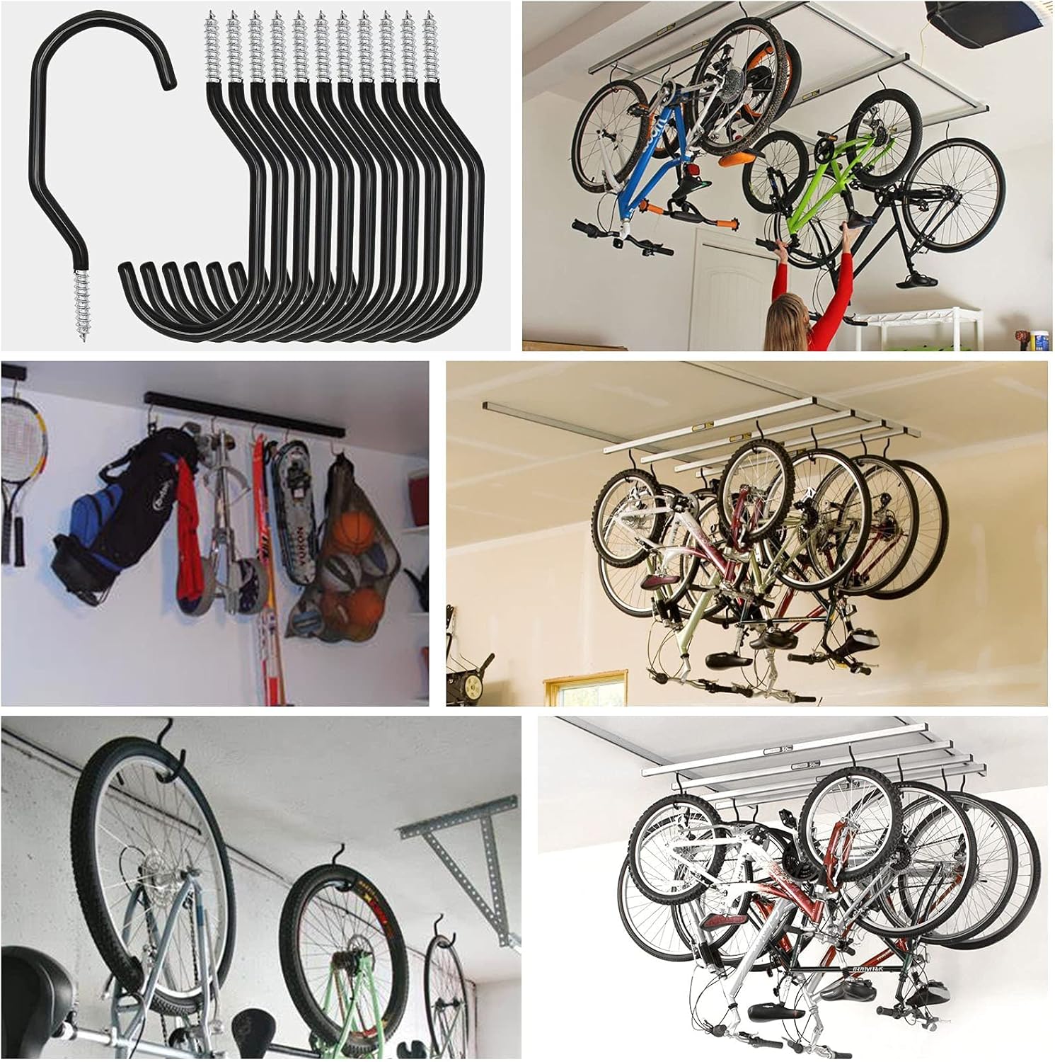 Menecor Ganchos de almacenamiento para bicicleta, 12 unidades, resistentes para montar en la pared, ganchos de tornillo grandes para pared, techo
