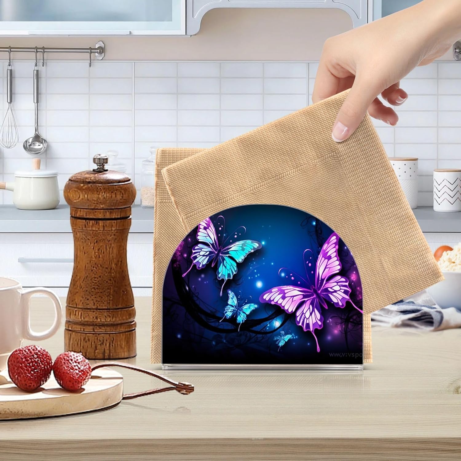 Napkin Holder Purple Butterfly Napkin Holders for Tables, Clear Acrylic Napkin Holders Cocktail Napkin Holder for Kitchen Restaurant Bar Home Decor