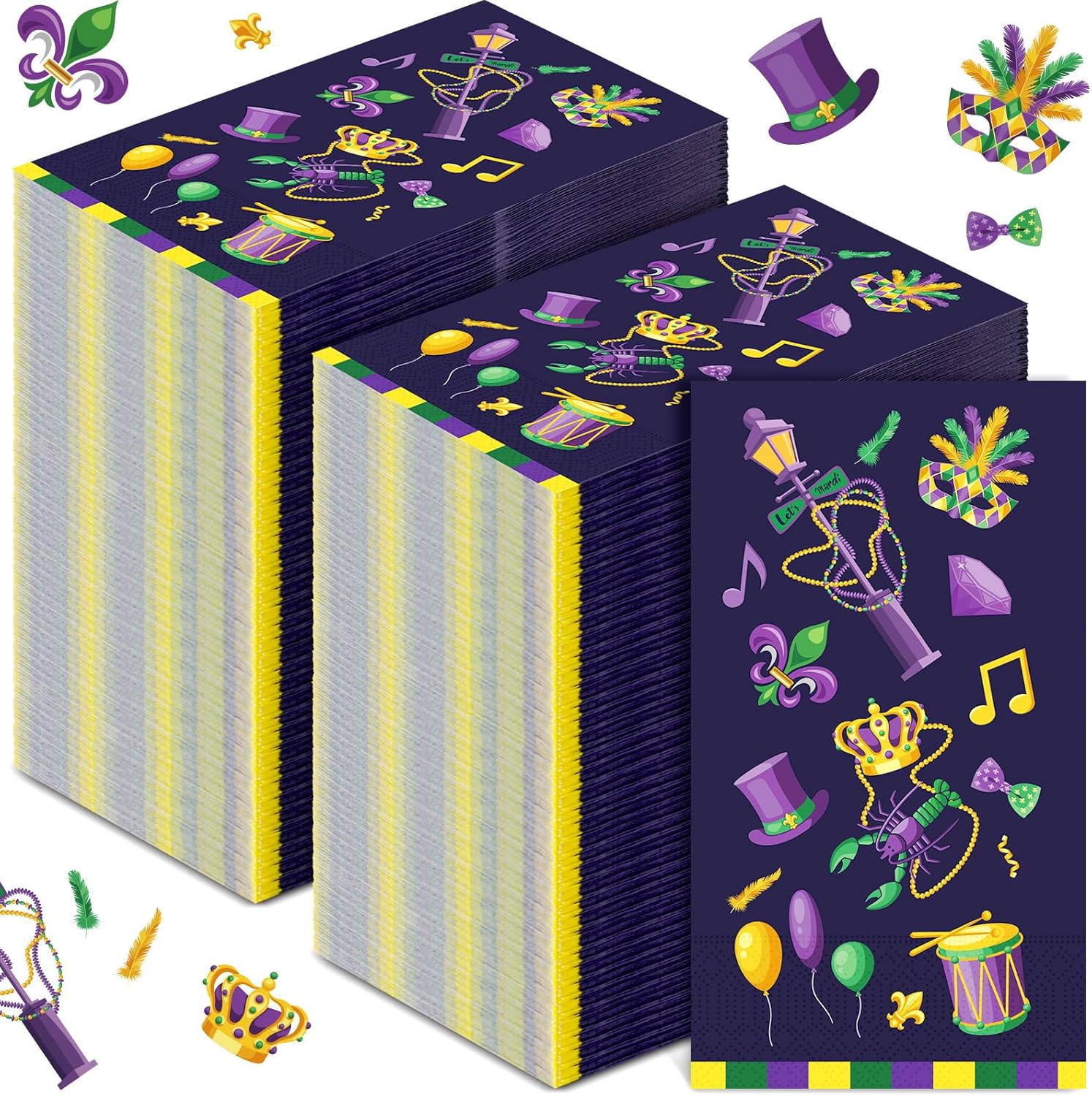 Yeaqee 200 servilletas de papel de Mardi Gras de 2 capas desechables de mano para invitados, máscara de corona de Mardi Gras, sombrero, globo, baño,