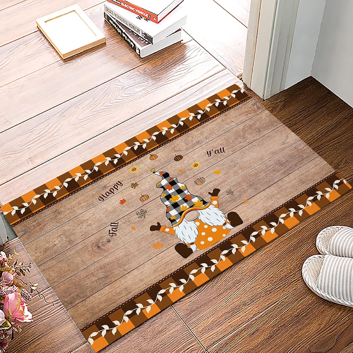 Gnome Indoor Beth Mat, Entrance Floor Mat Backing Anti-Slip Beth Mat Machine Washable Door Rugs for Bathroom Kitchen Decor Happy Fall Y’all Maple