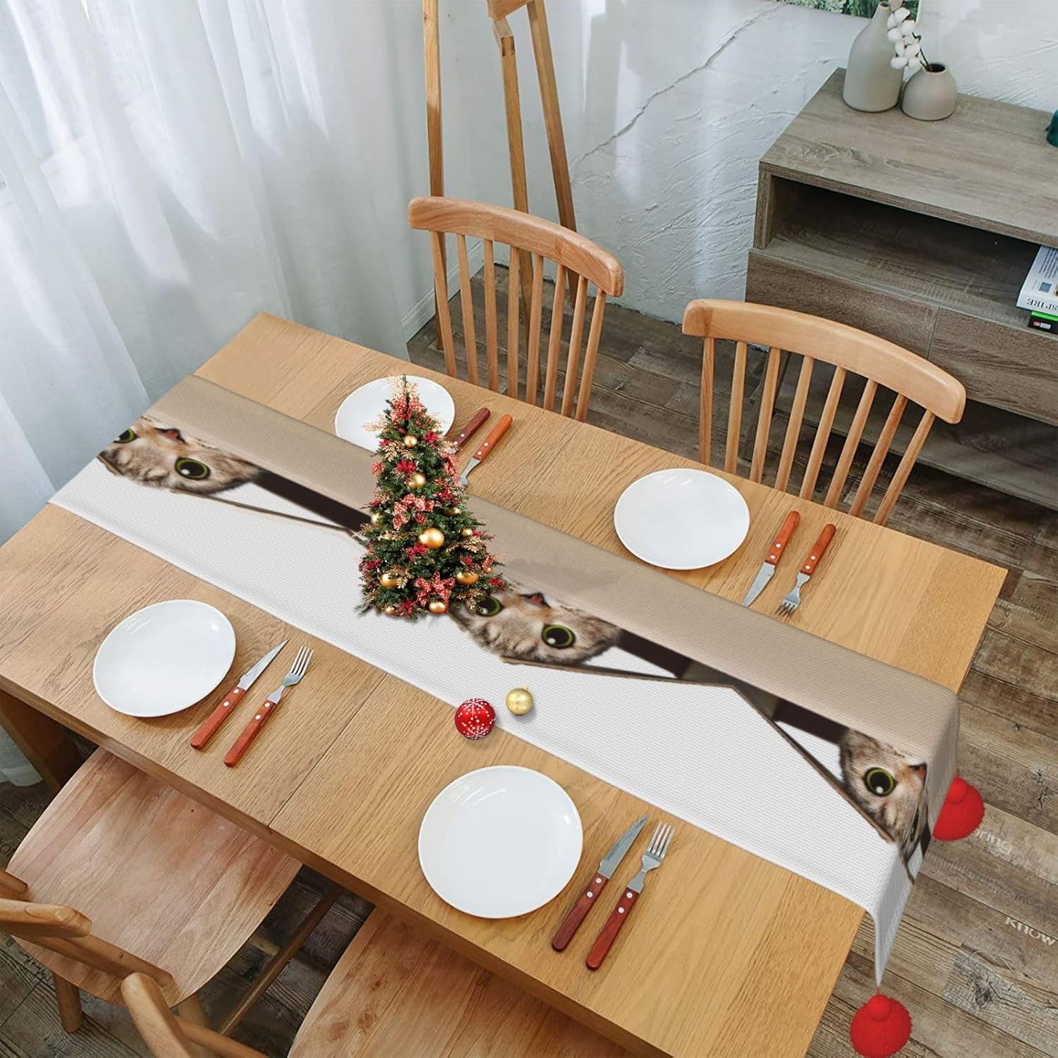 Funny Cat Christmas Table Runner Dining Table Decor Christmas Decorations Indoor Home Decor Christmas Table Runners Xmas Navidad Decoracion 2023 for