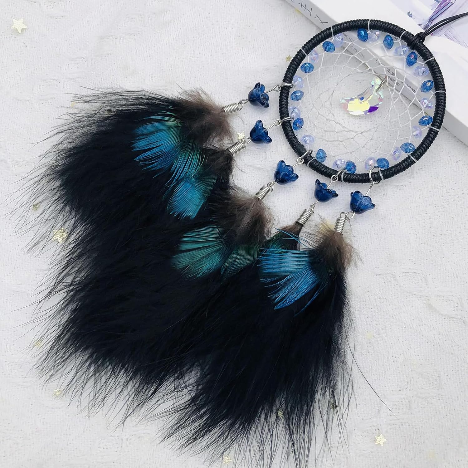 Decoraciones de plumas de pavo real, atrapasueños para colgar en el automóvil, accesorios para espejo retrovisor hecho a mano, pequeño atrapasueños