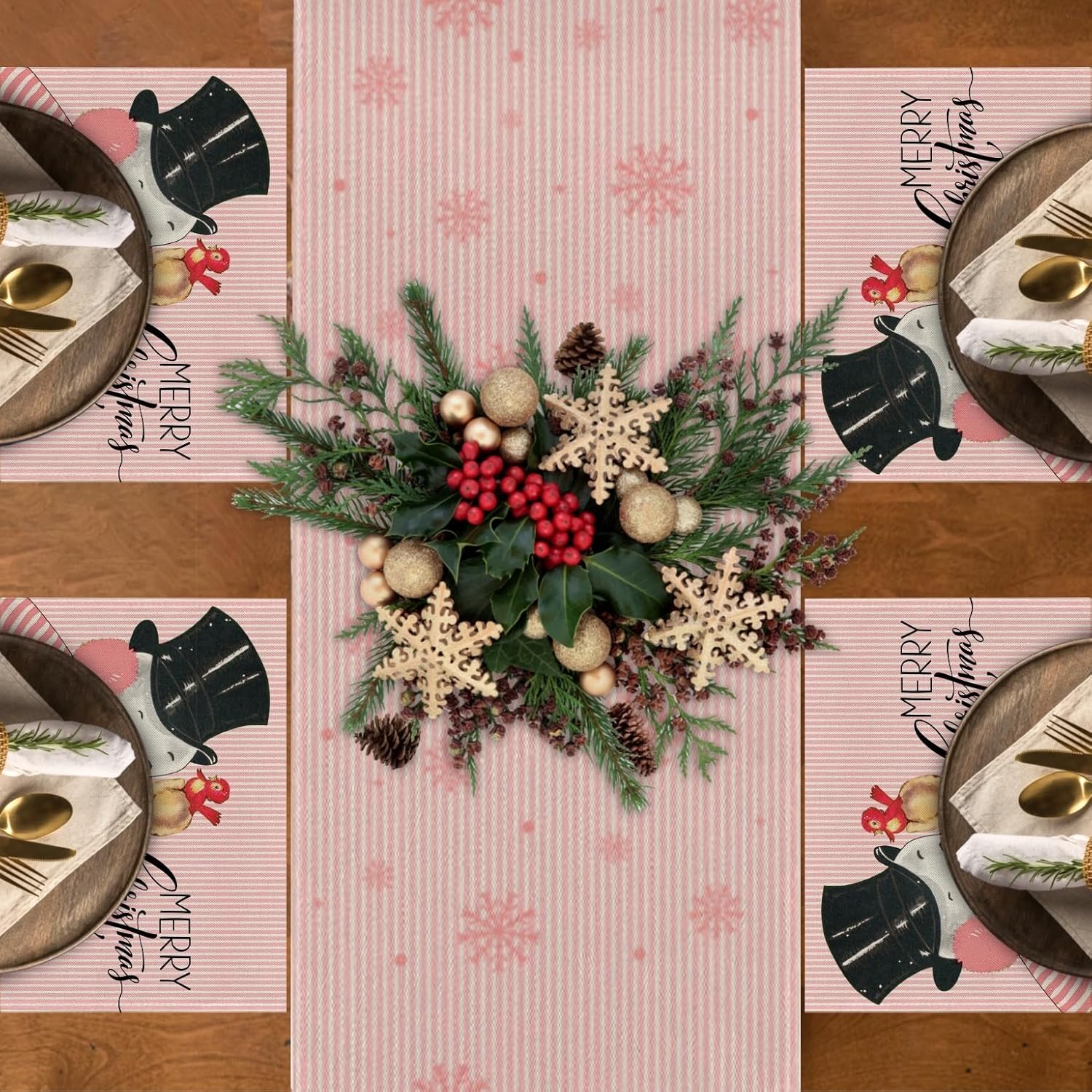 Juego de 4 manteles individuales de Navidad rosa con sombrero negro, muñeco de nieve, pájaro rojo, para cocina, comedor, decoración de fiestas en