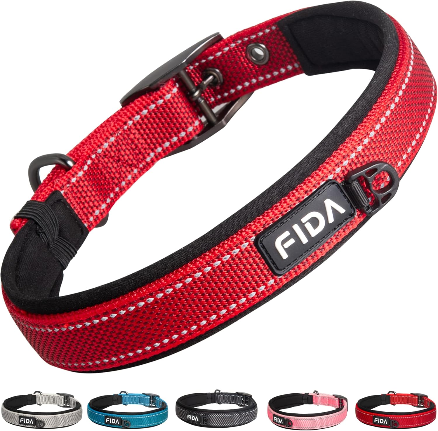 Fida Collar para perro resistente, ultra cómodo y acolchado de neopreno suave, collar de nailon reflectante ajustable para mascotas con hebilla de